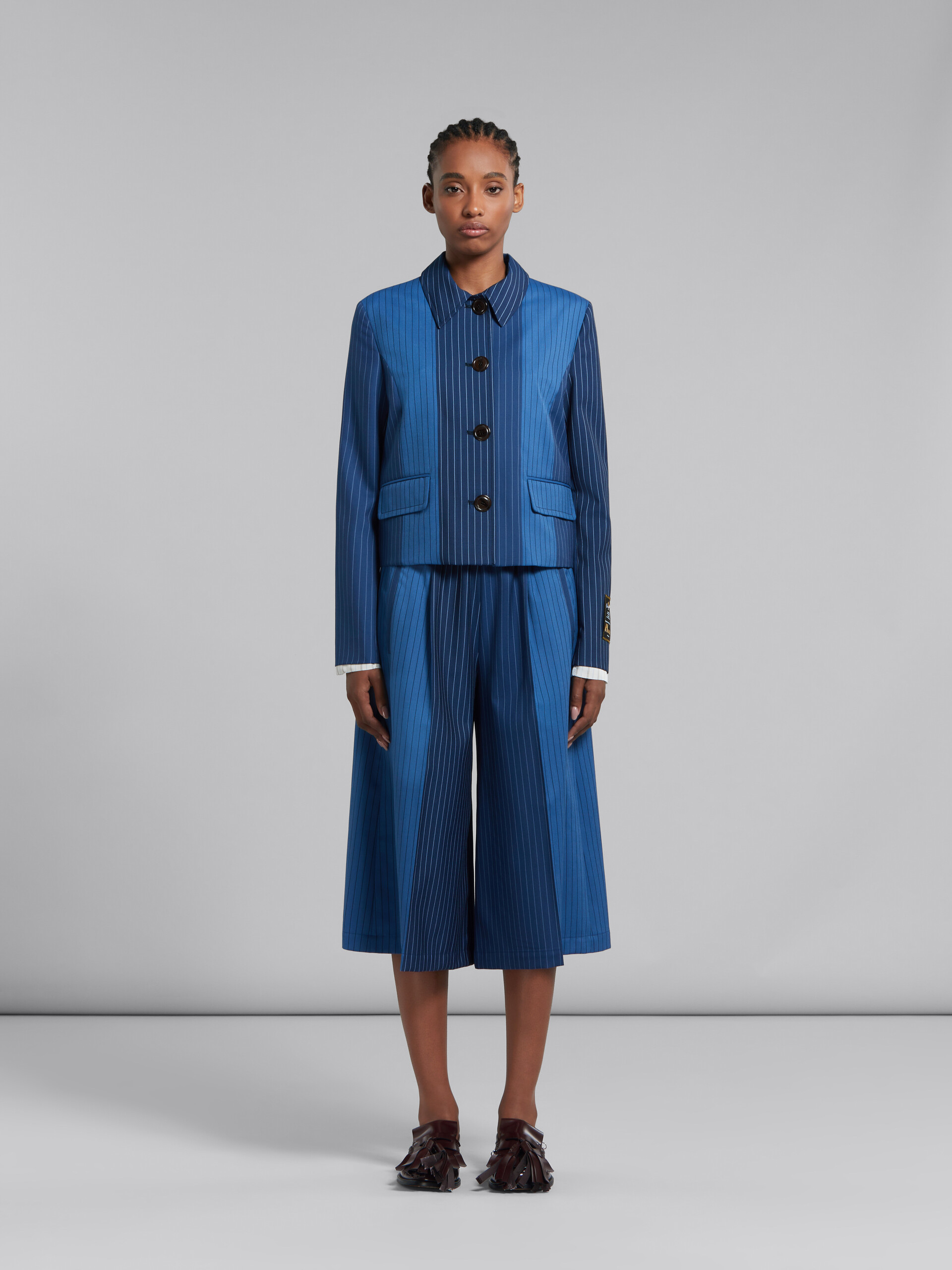 Marni Cropped Contrast Pinstripe Shirt Jacket In Blue
