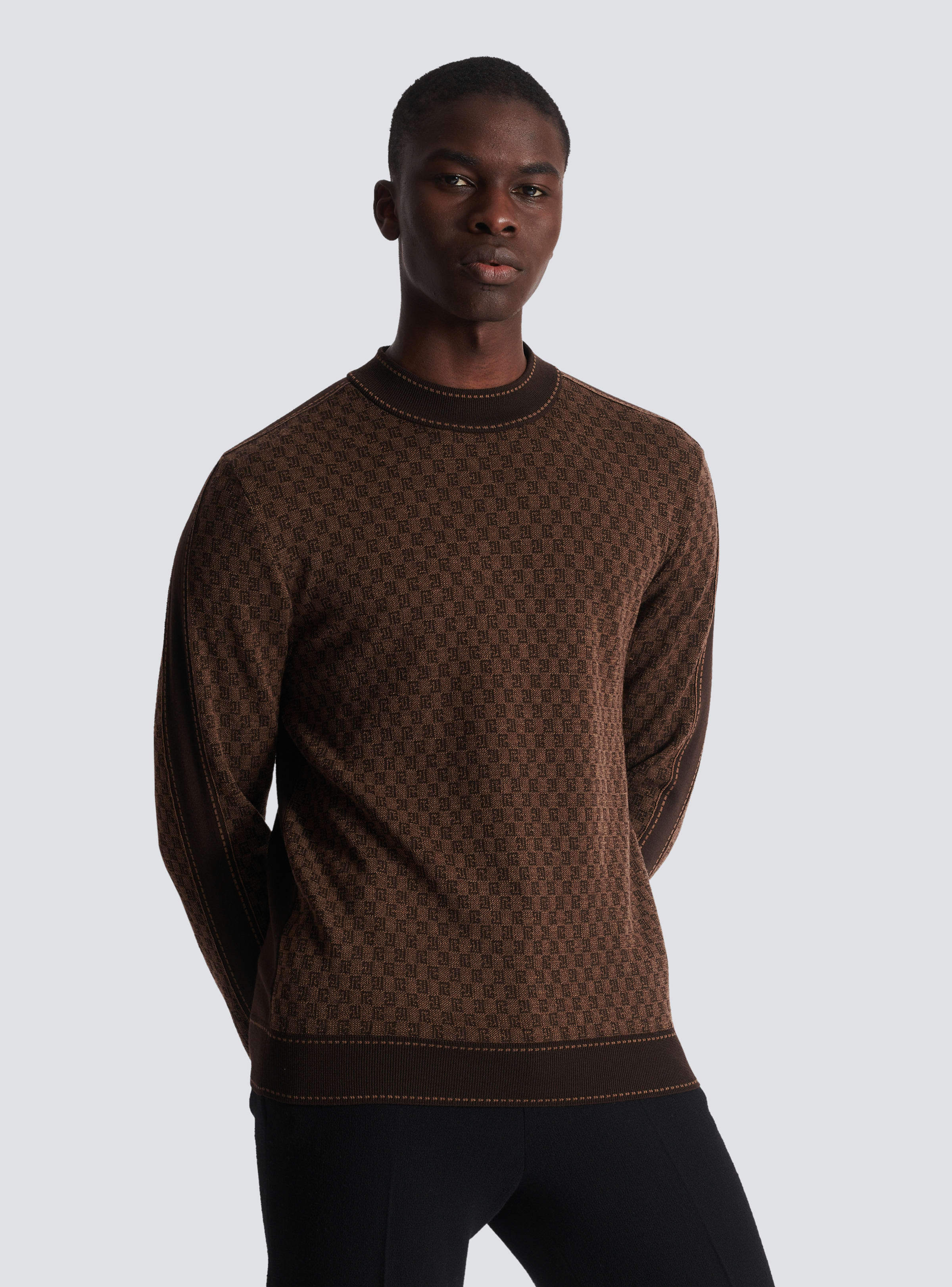 Balmain Mini Letter Pattern Knitted Sweater In Brown