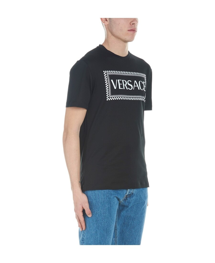 Shop Versace Logo Check Print Cotton T Shirt In Black