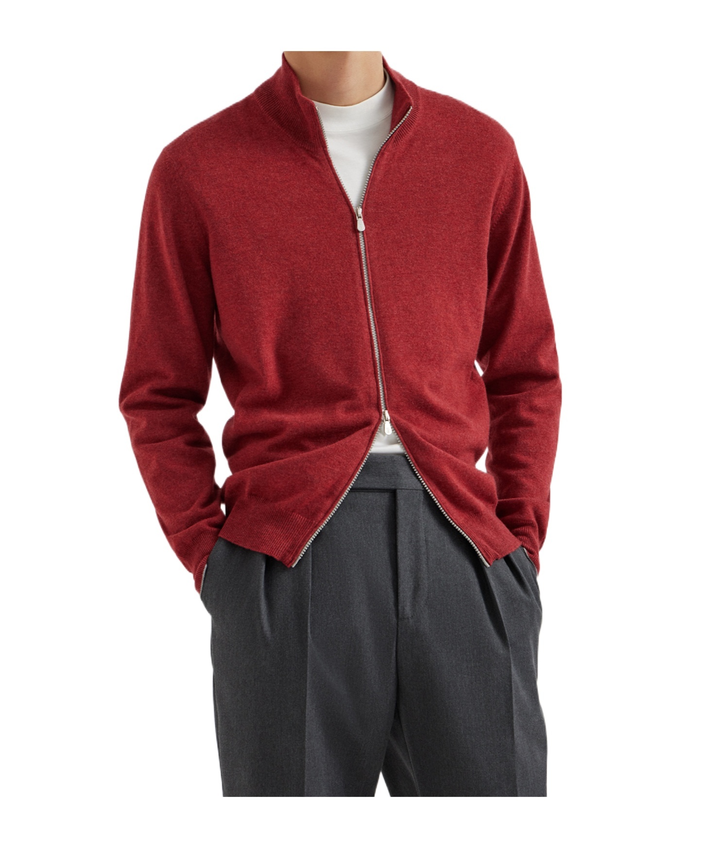 Brunello Cucinelli Zip-front High-neck Cardigan In Red