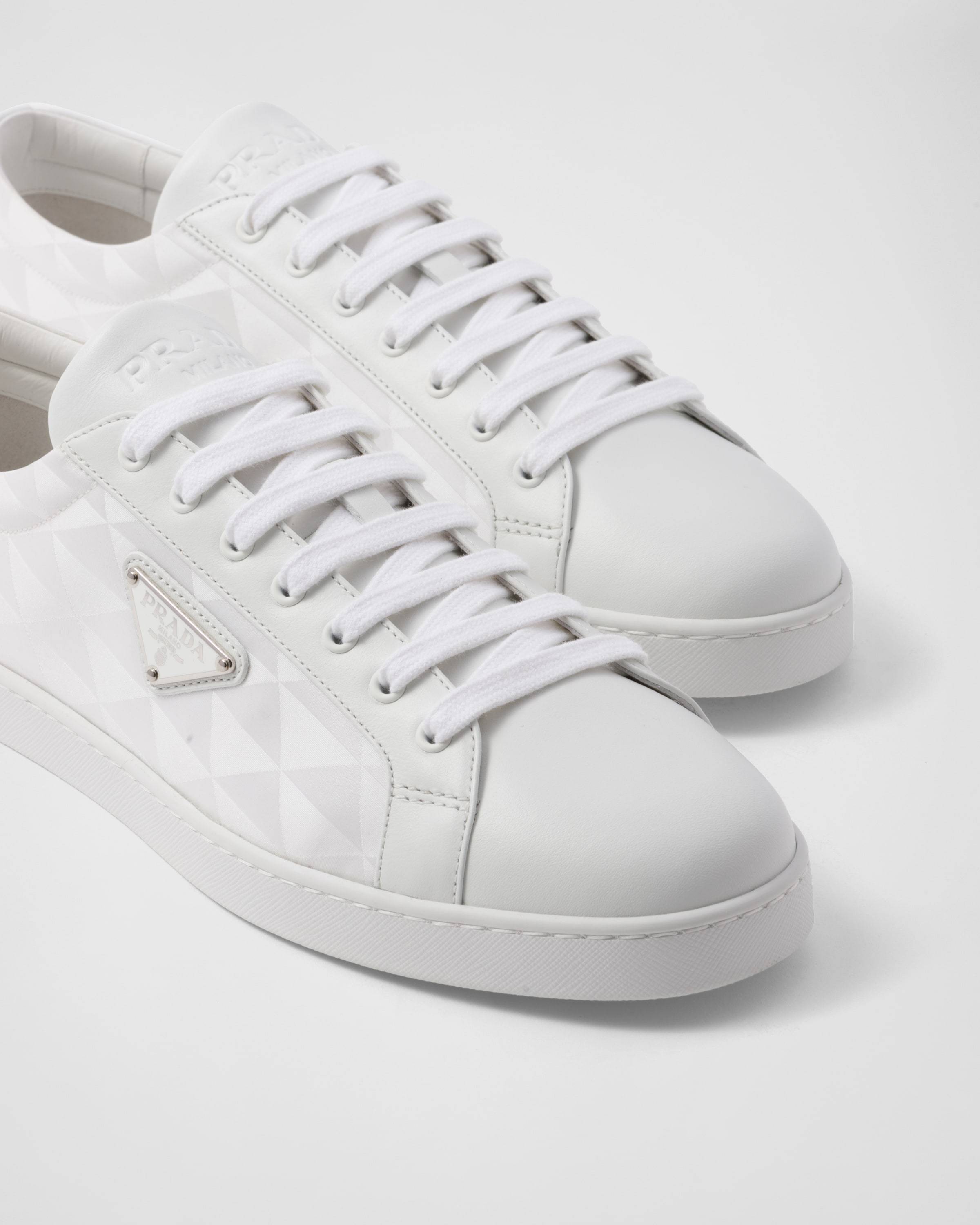Prada Nylon And Leather Sneakers With Iconic Logo In White