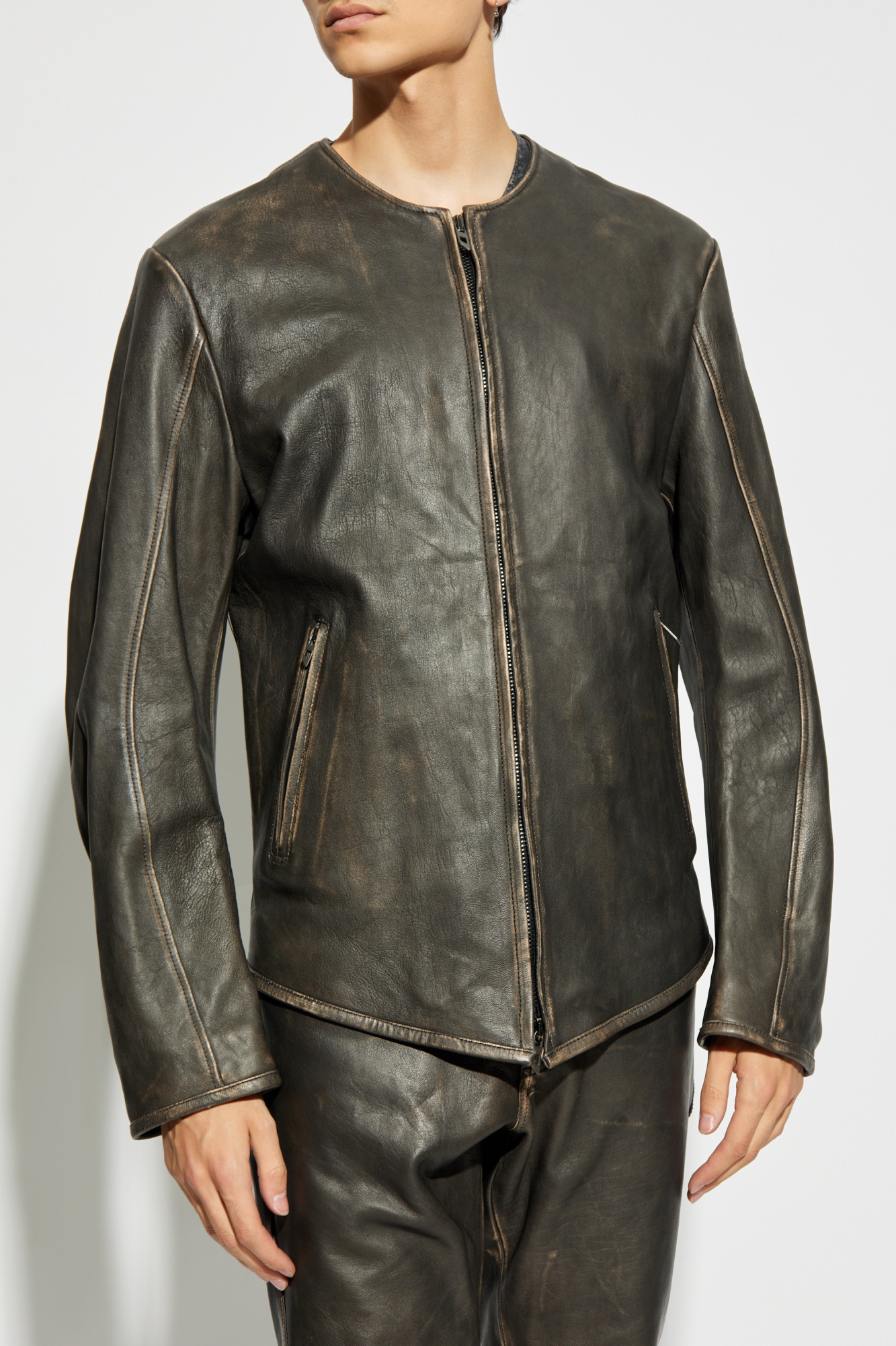 Diesel Zippered Long-sleeved Leather Jacket In Green