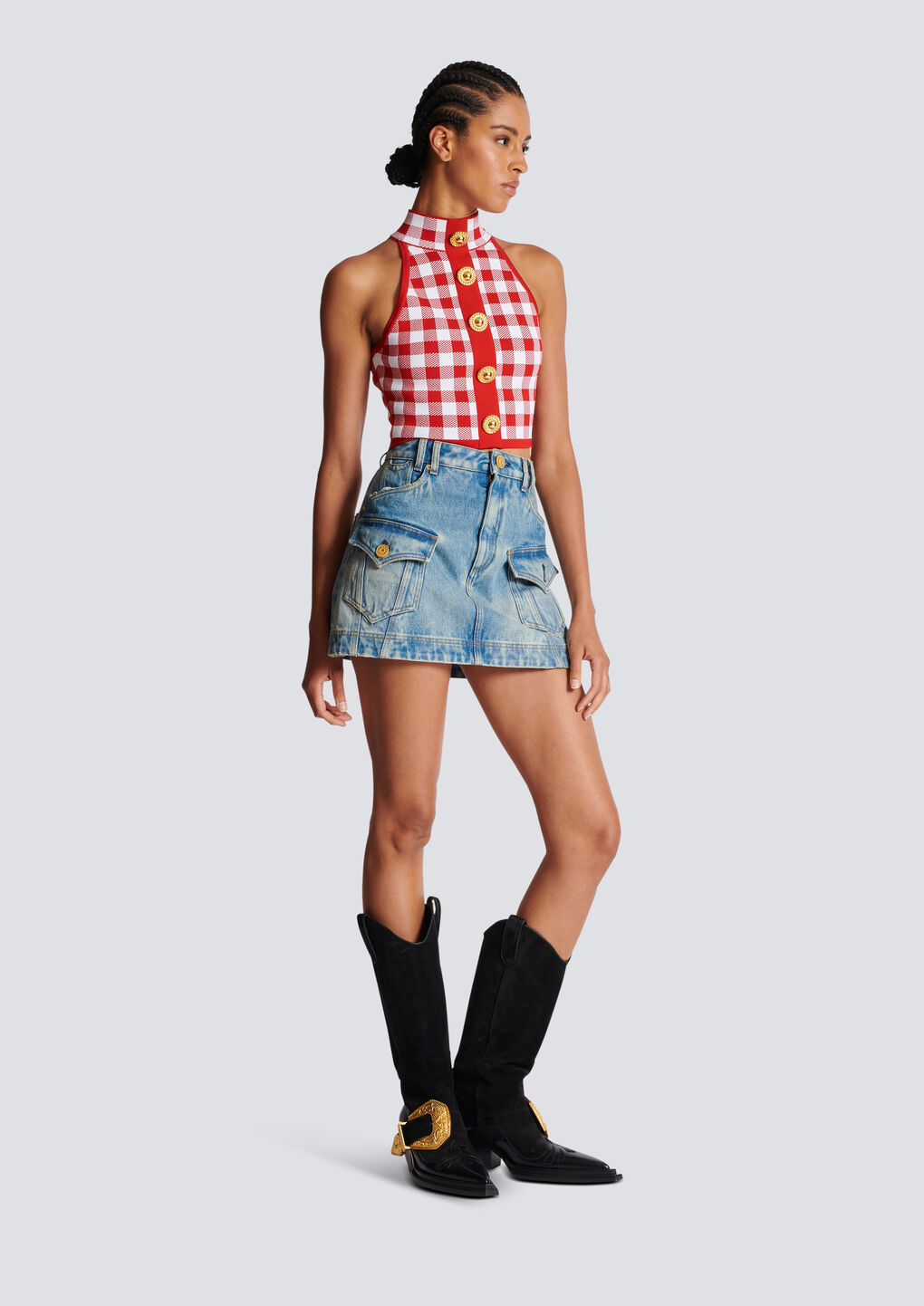 Balmain Cropped Button-embellished Gingham Knitted Top In Red
