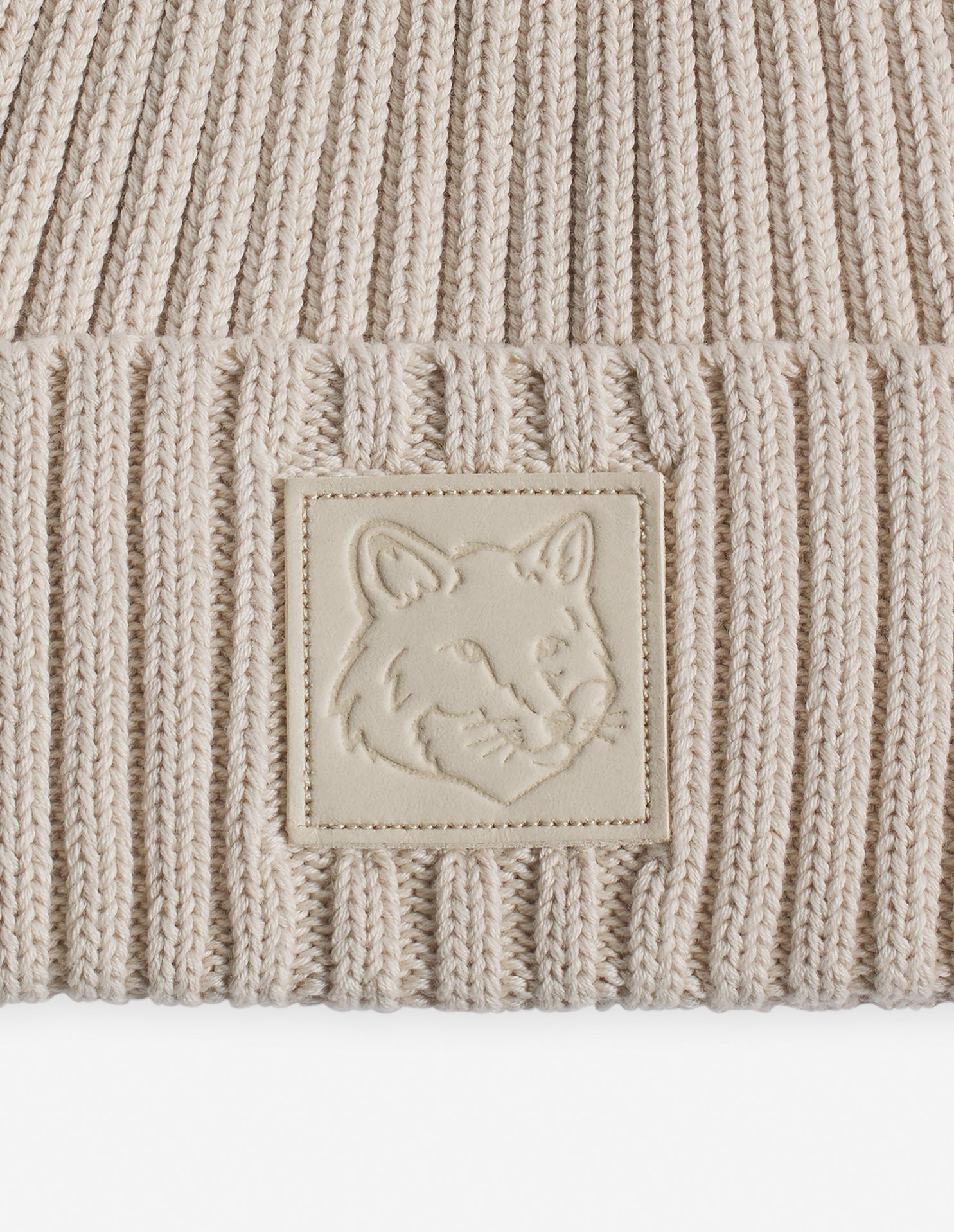 Maison Kitsuné Bold Fox Head Leather Patch Beanie In Nude