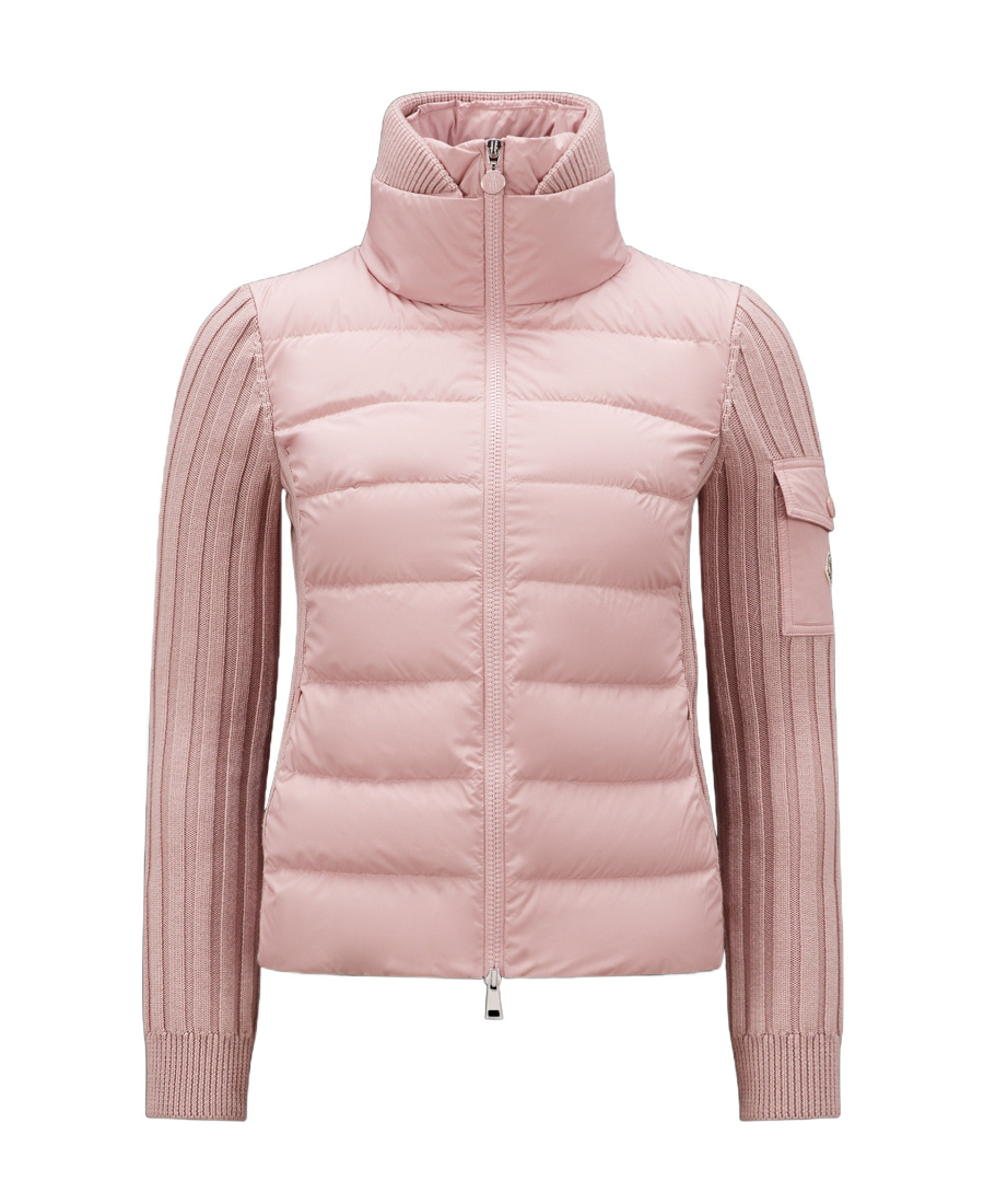 Moncler Padded Wool Spliced Cardigan In Pink