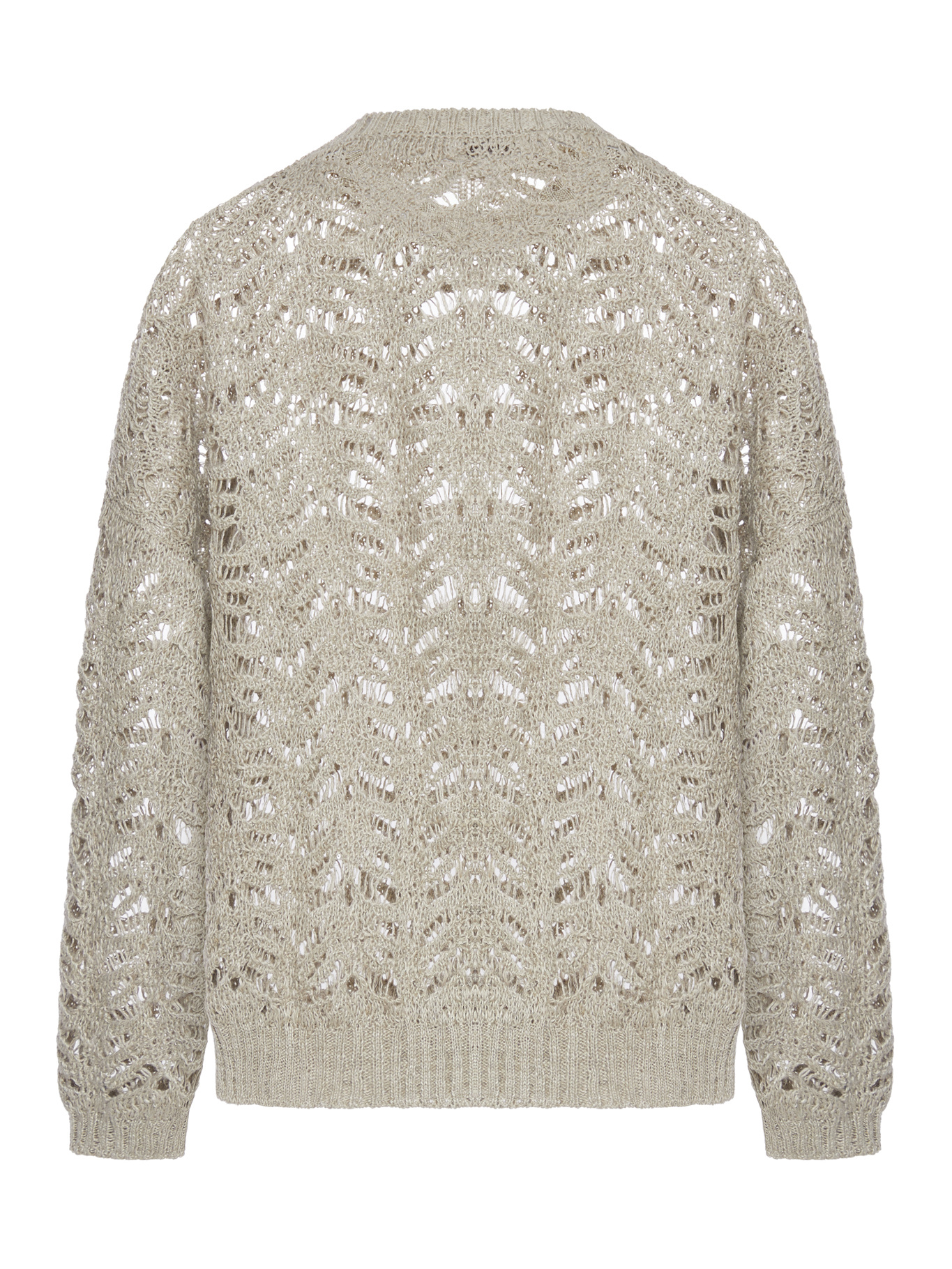 Brunello Cucinelli 'dazzling' Brown Round Neck Sweater With Open Stitch And Beaded Decorations In Nude