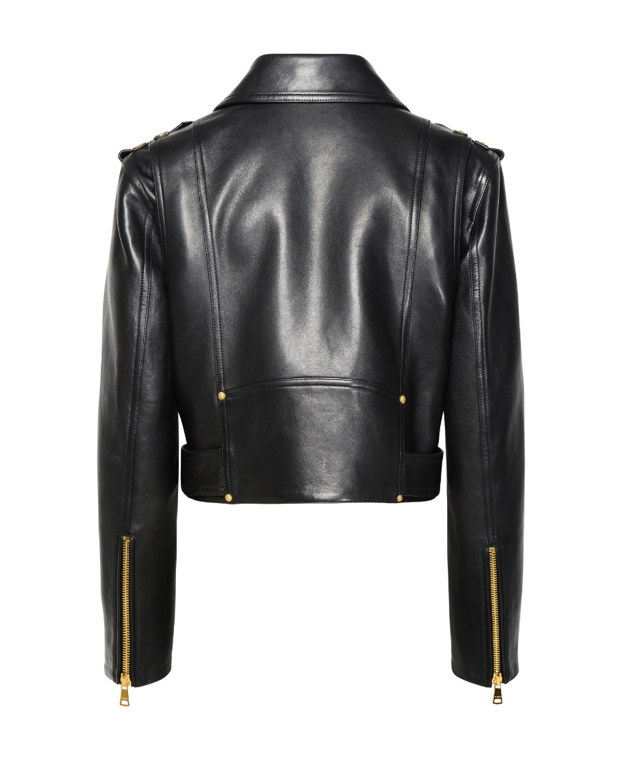 Balmain Cropped Leather Biker Jacket In Black