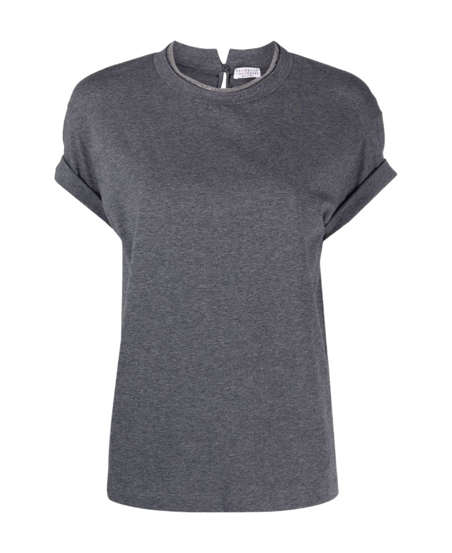 Brunello Cucinelli Rolled Crew Neck Keyhole Back Top In Gray