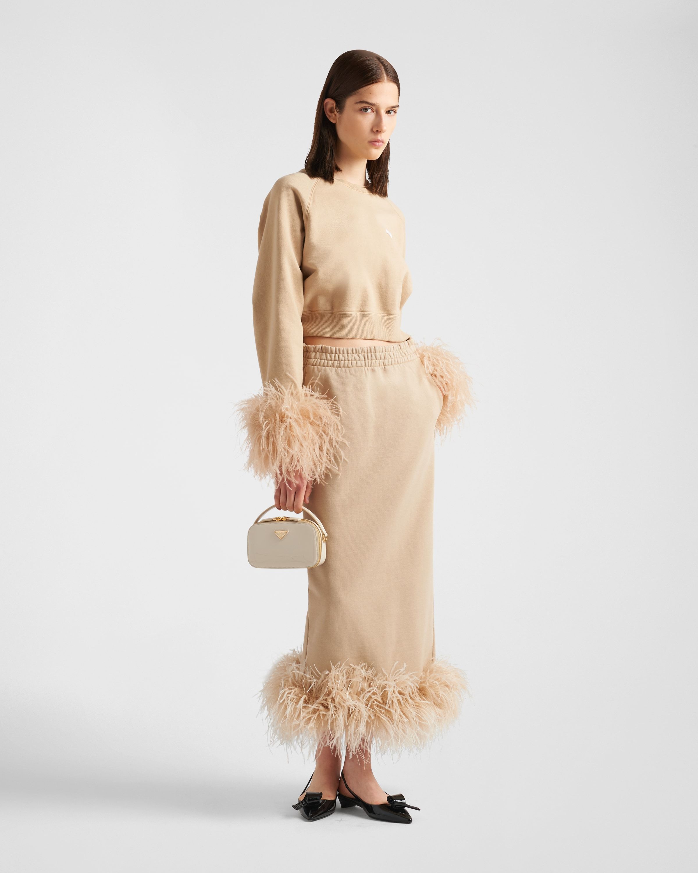 Prada Cotton Fleece Skirt With Feather Trim In Nude