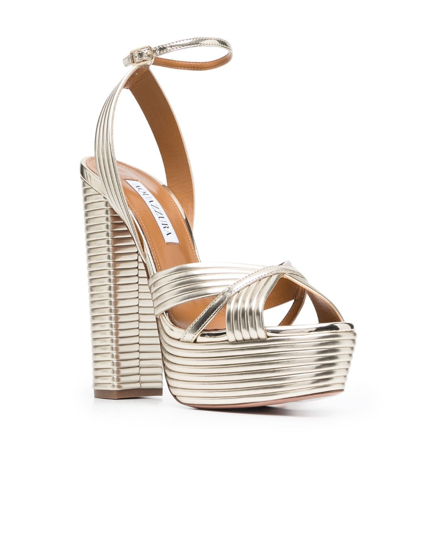 Aquazzura Sundance 140 Metallic Leather Platform Sandals In Nude
