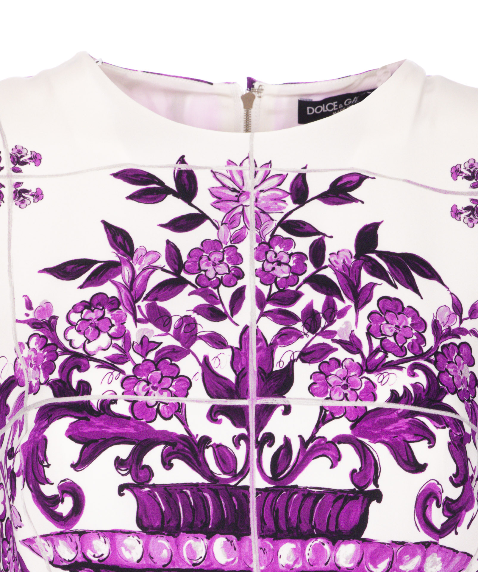 Dolce & Gabbana Violet Crewneck Dress With Rear Zip Closure And All-over Floral Print In Silk Stretch Woman In Purple