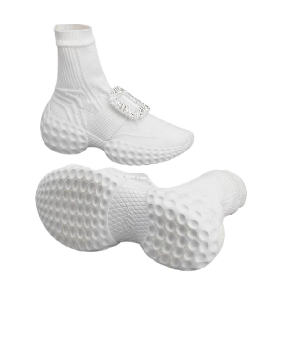 Shop Roger Vivier Viv' Run Light Socks Strass Buckle Ankle Boots In Fabric In White