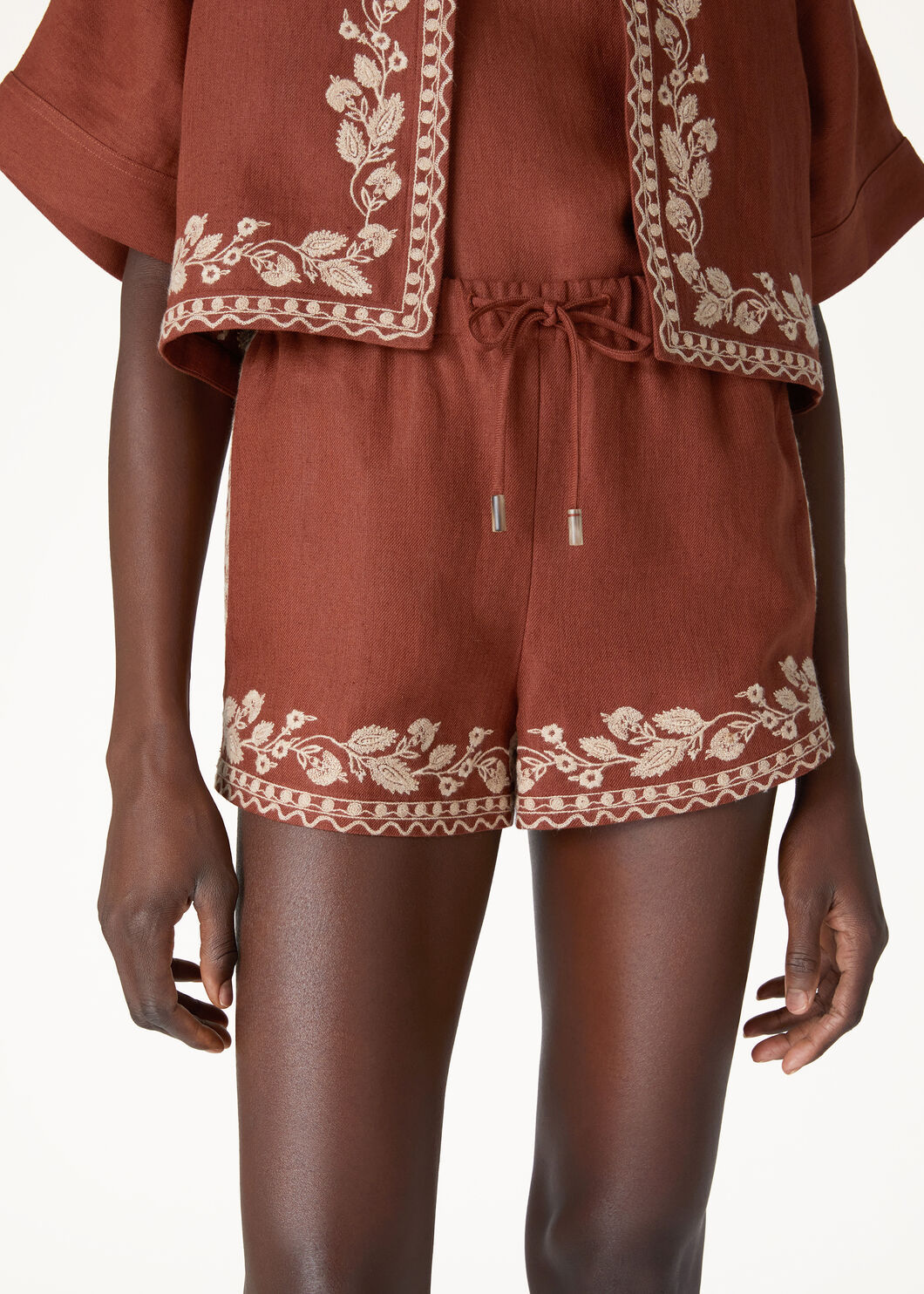 Loro Piana Ernst Embroidered Drawstring Flax Shorts In Brown Sugar Brown Red