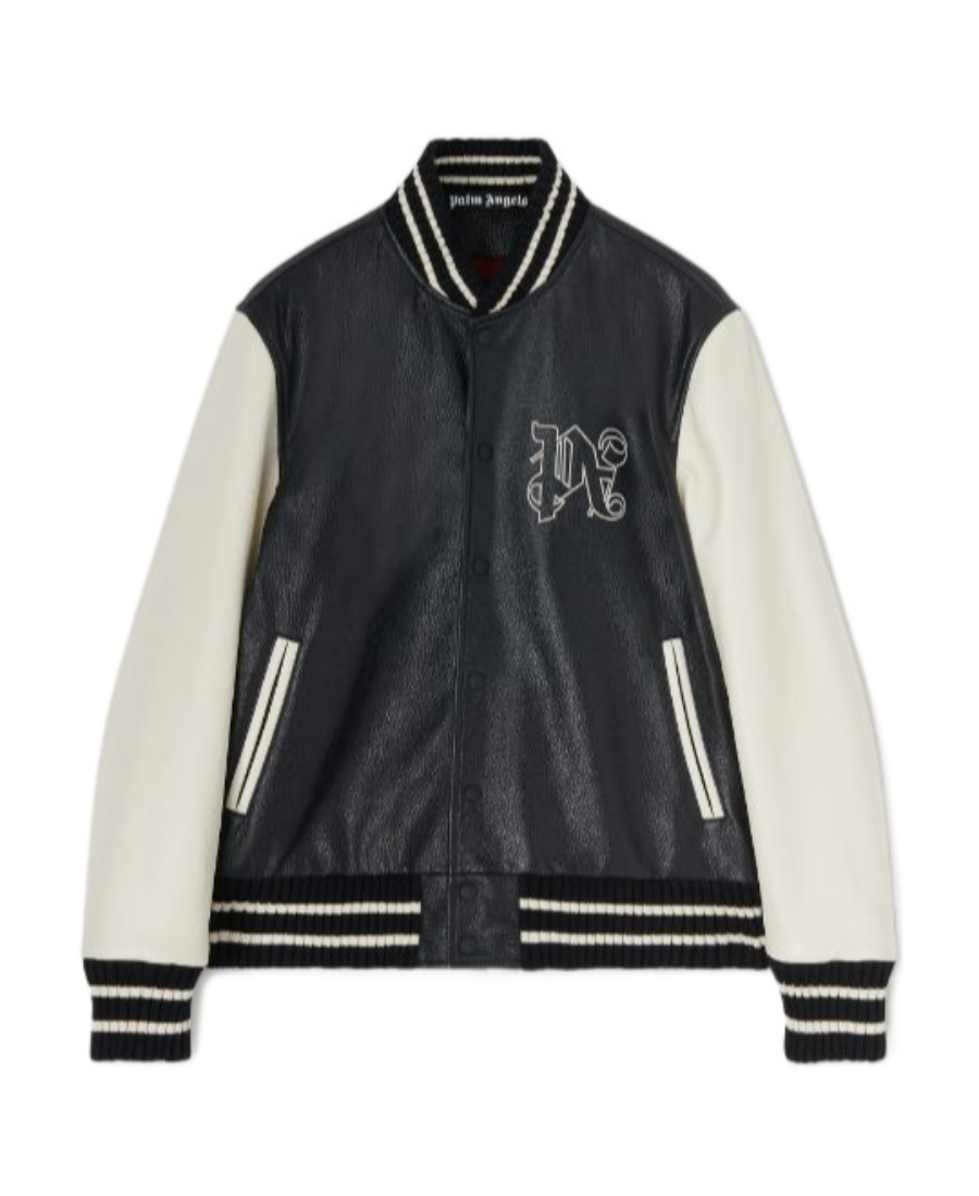 Palm Angels Monogram-print Leather Varsity Jacket In Black