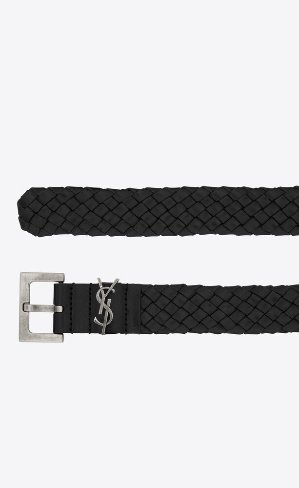 Saint Laurent Cassandre Interwoven Leather Belt In Black