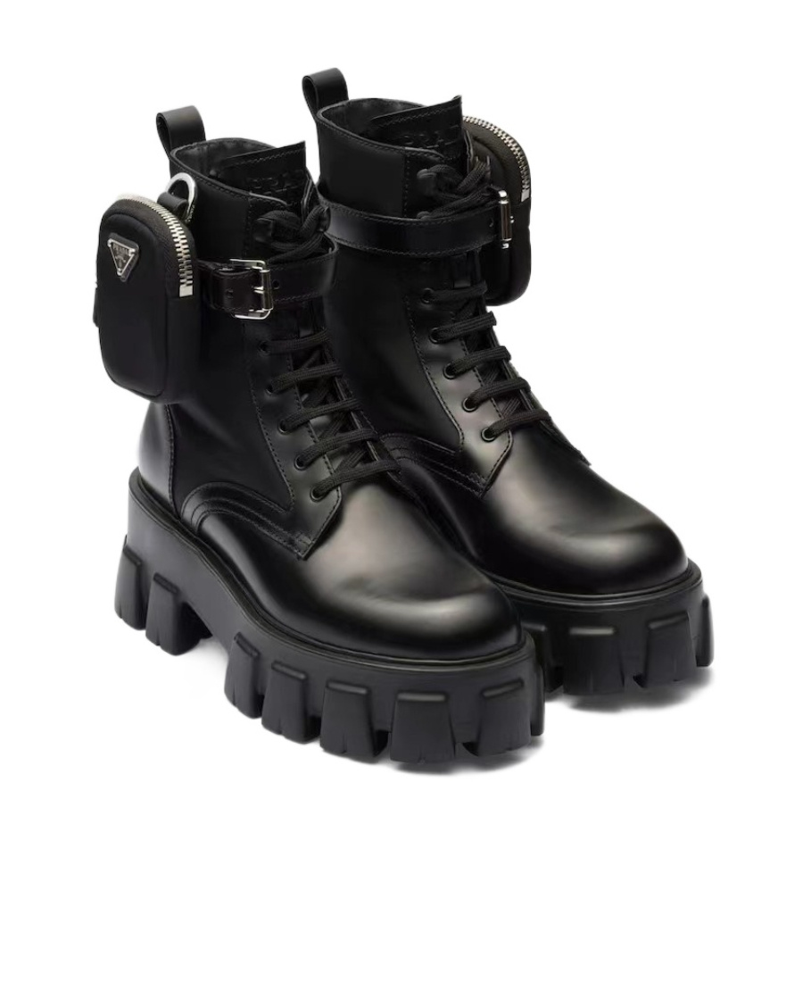 Prada Monolith Side Small Pocket Decorative Lacing Platform Martin Boots In Black
