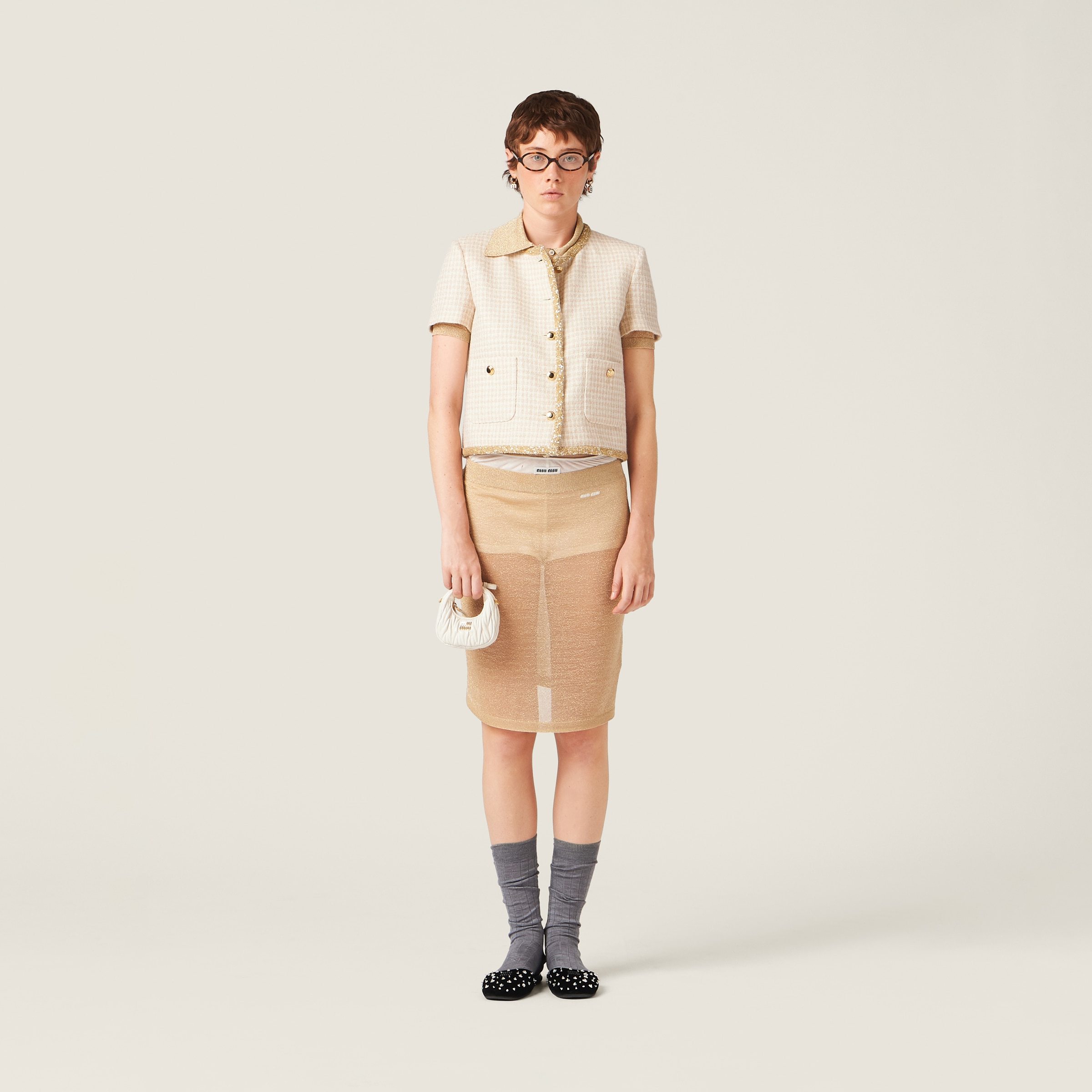 Miu Miu Check-pattern Tweed Jacket In Nude