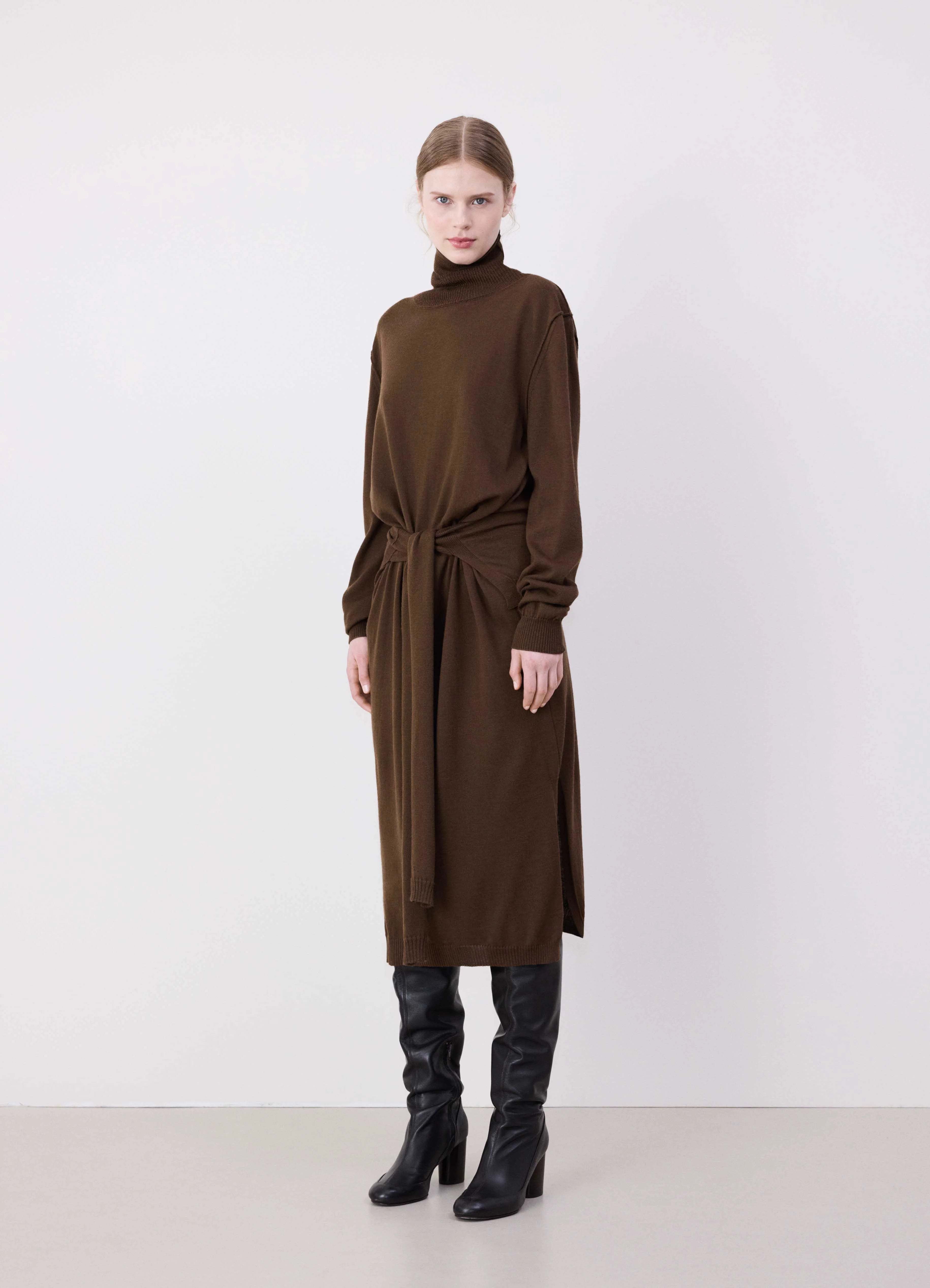 Shop Lemaire Trompe L'oeil Turtleneck Belted Midi Dress In Brown