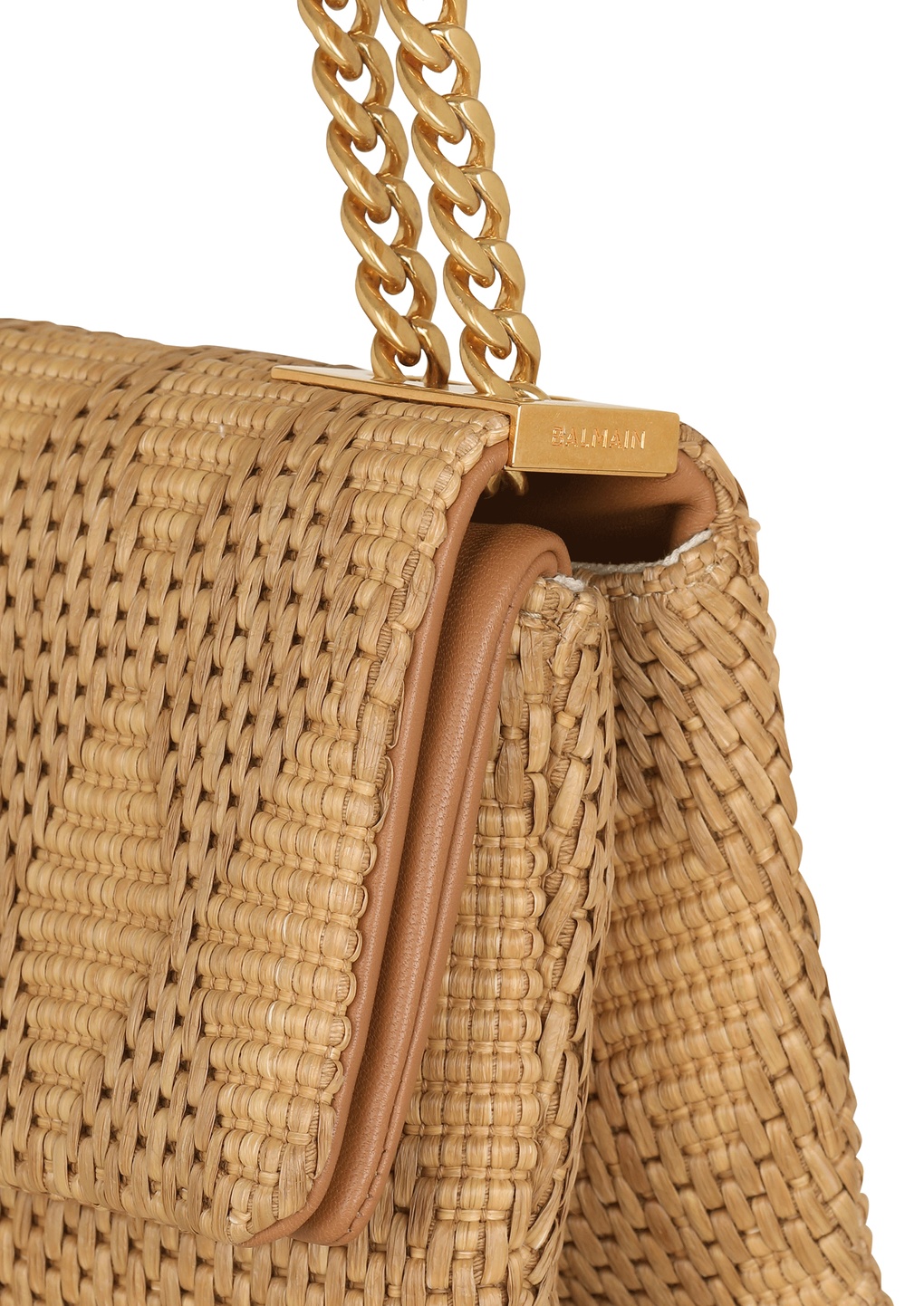 Shop Balmain 1945 Soft Small Bag In Leather And Raffia In Nude