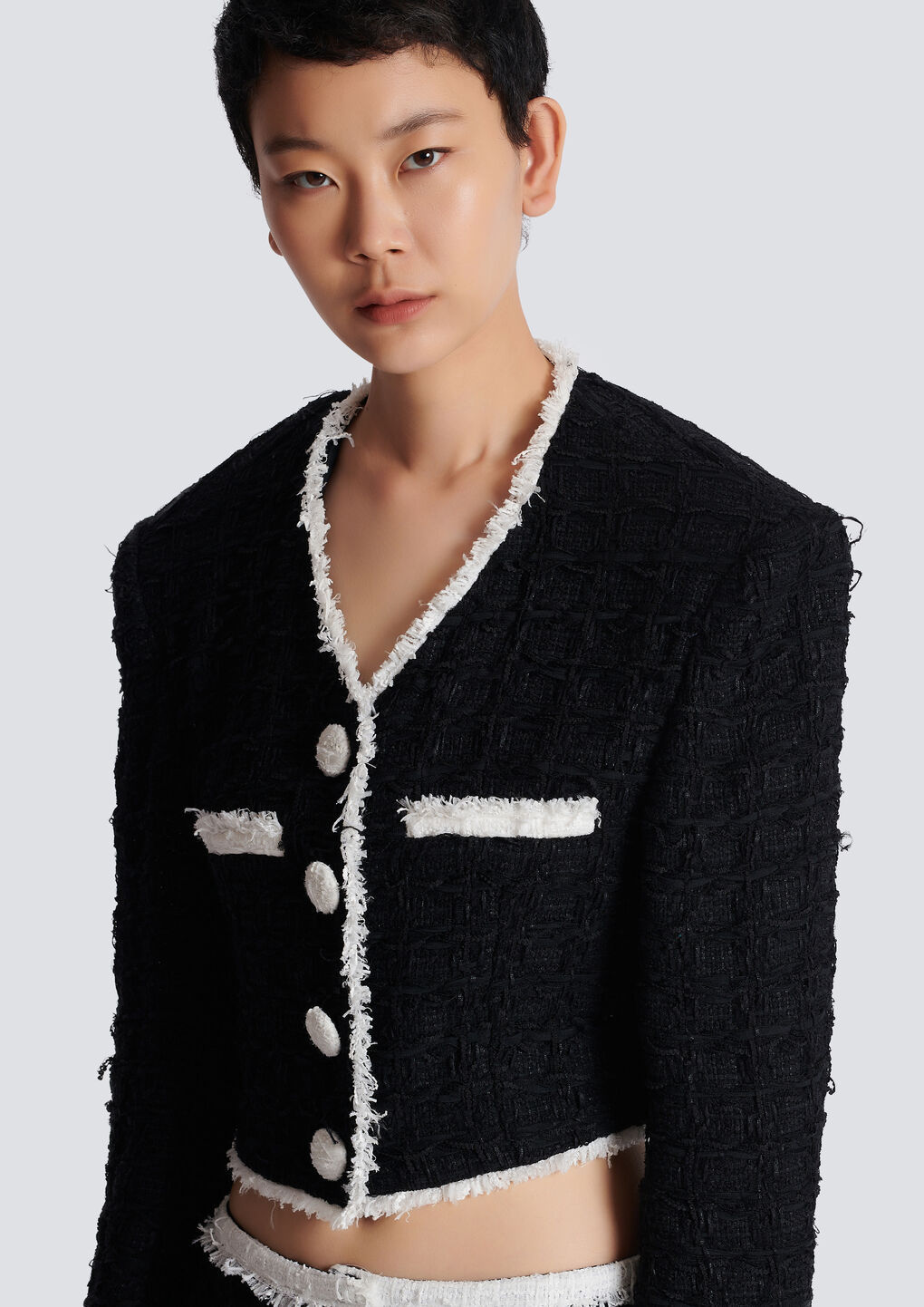 Shop Balmain Short Tweed Jacket With Contrasting Details In Black