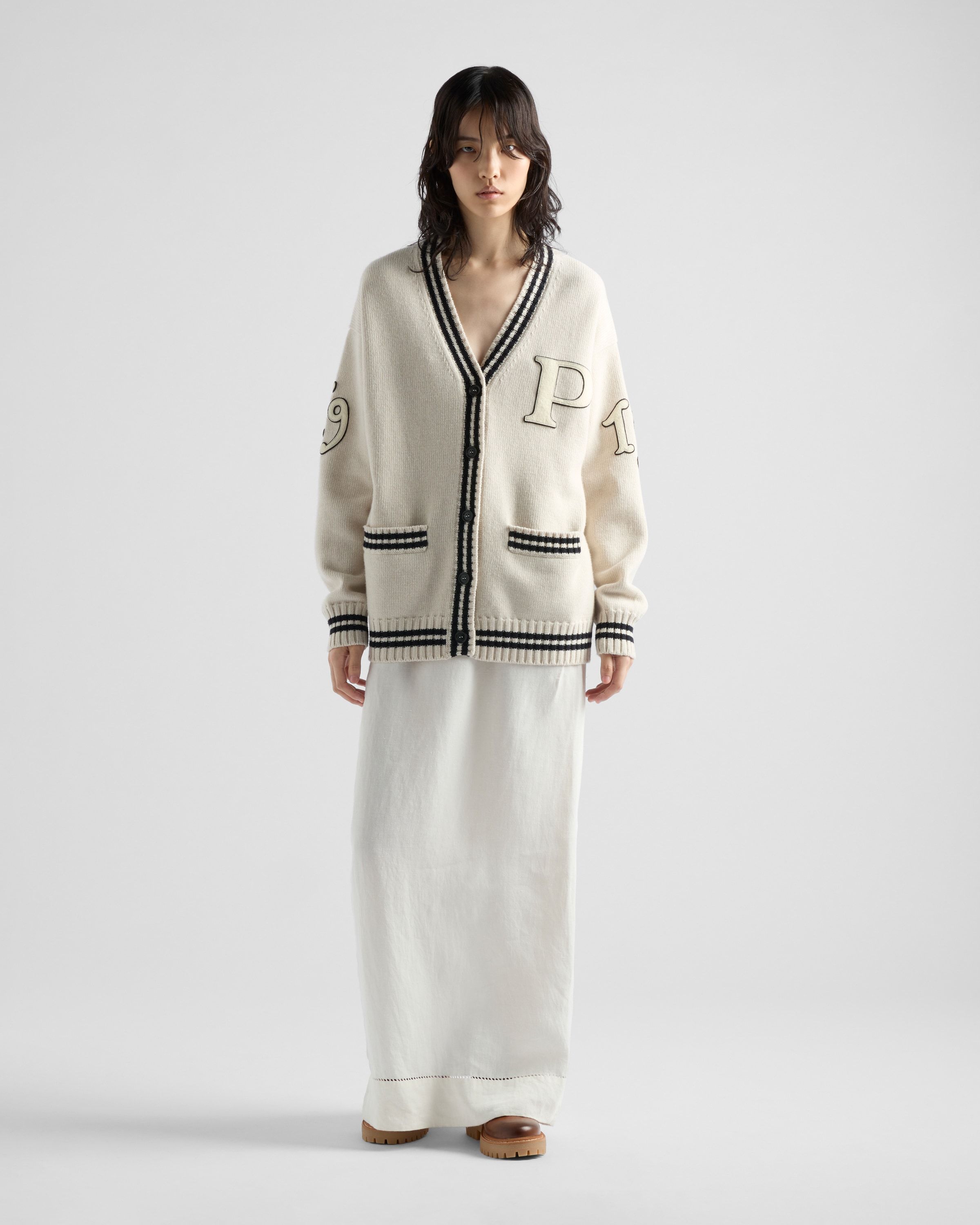 Prada Wool-cashmere Varsity Cardigan In Nude