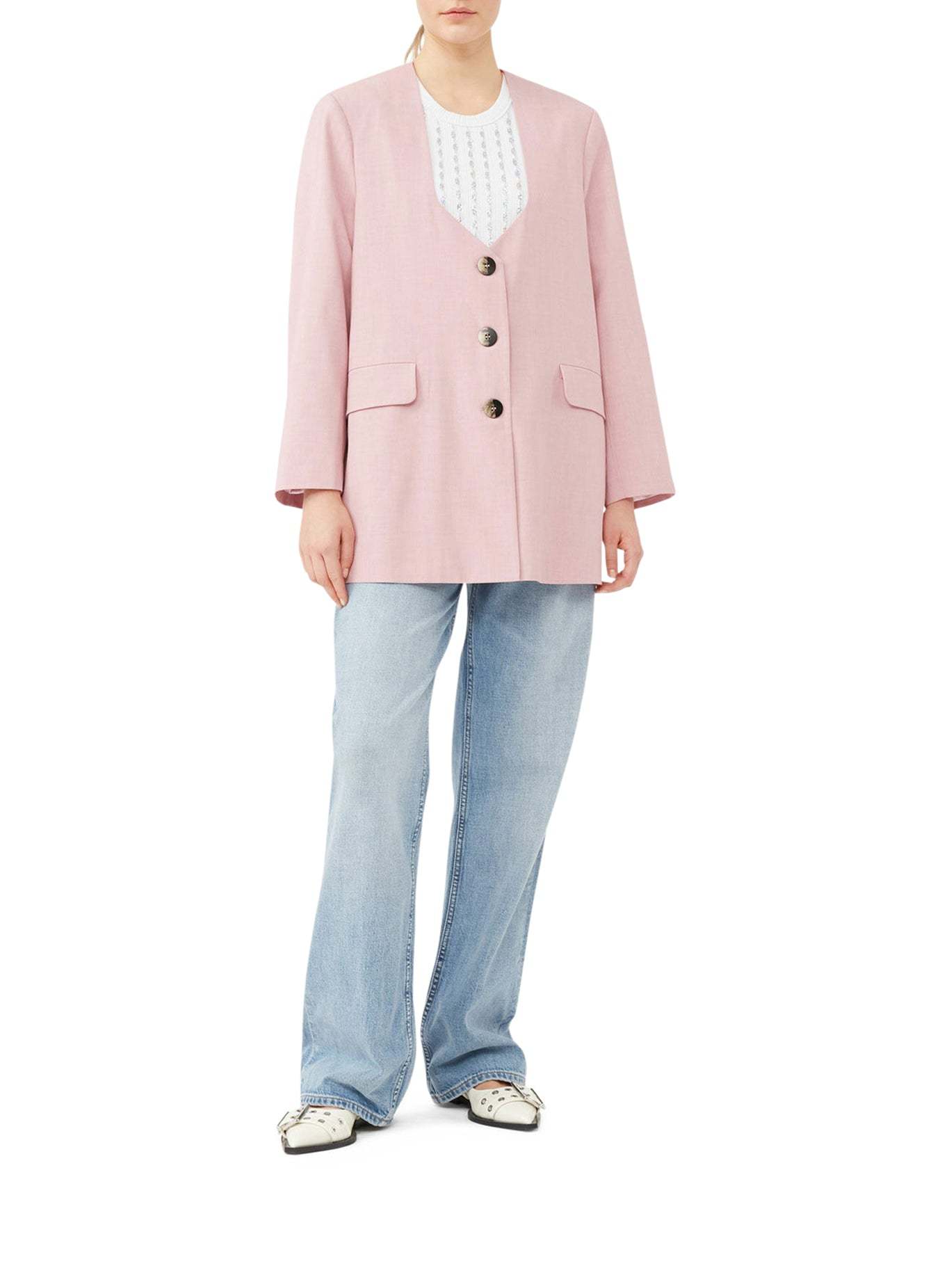 Ganni Scoop-neck Single-breasted Blazer In Pink