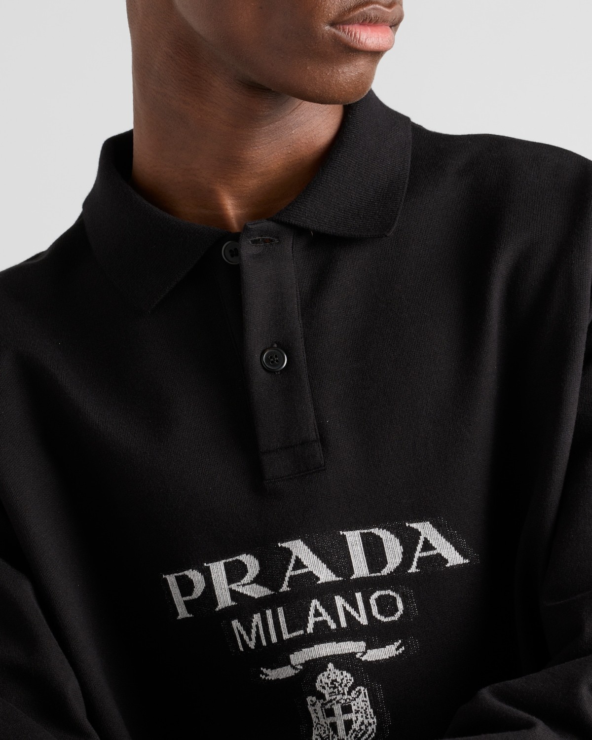 Prada Logo Print Long-sleeved Polo T-shirt In Black