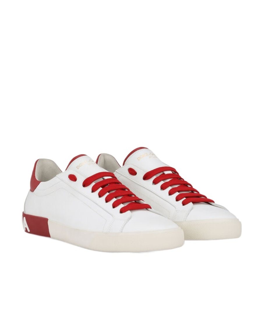 Dolce & Gabbana 'portofino' White And Red Low Top Sneakers With Logo Patch In White