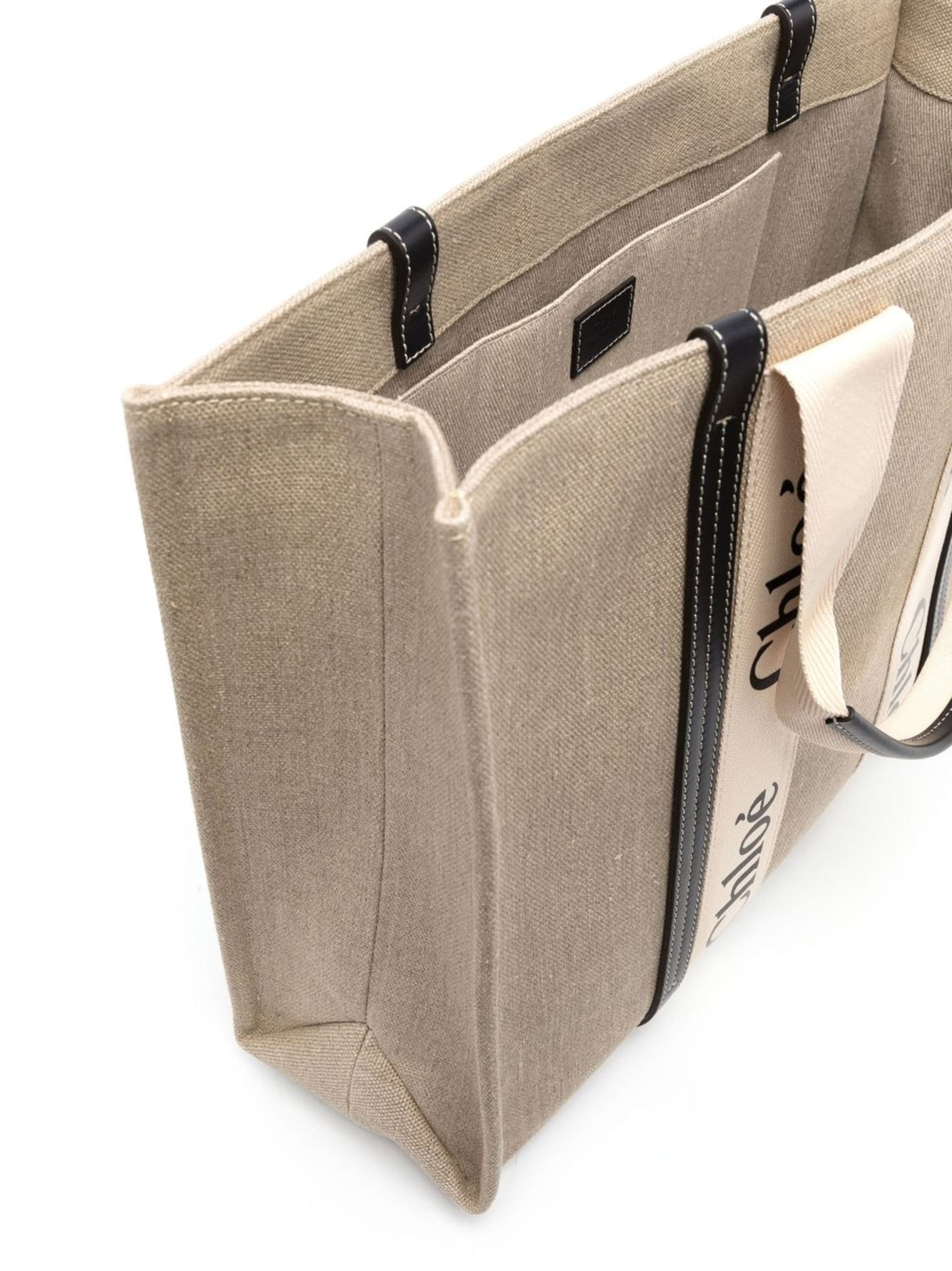Chloé Large Woody Tote Bag In Linen White Size Onesize 100% Linen, Calf-skin Leather, Polyester In Nude