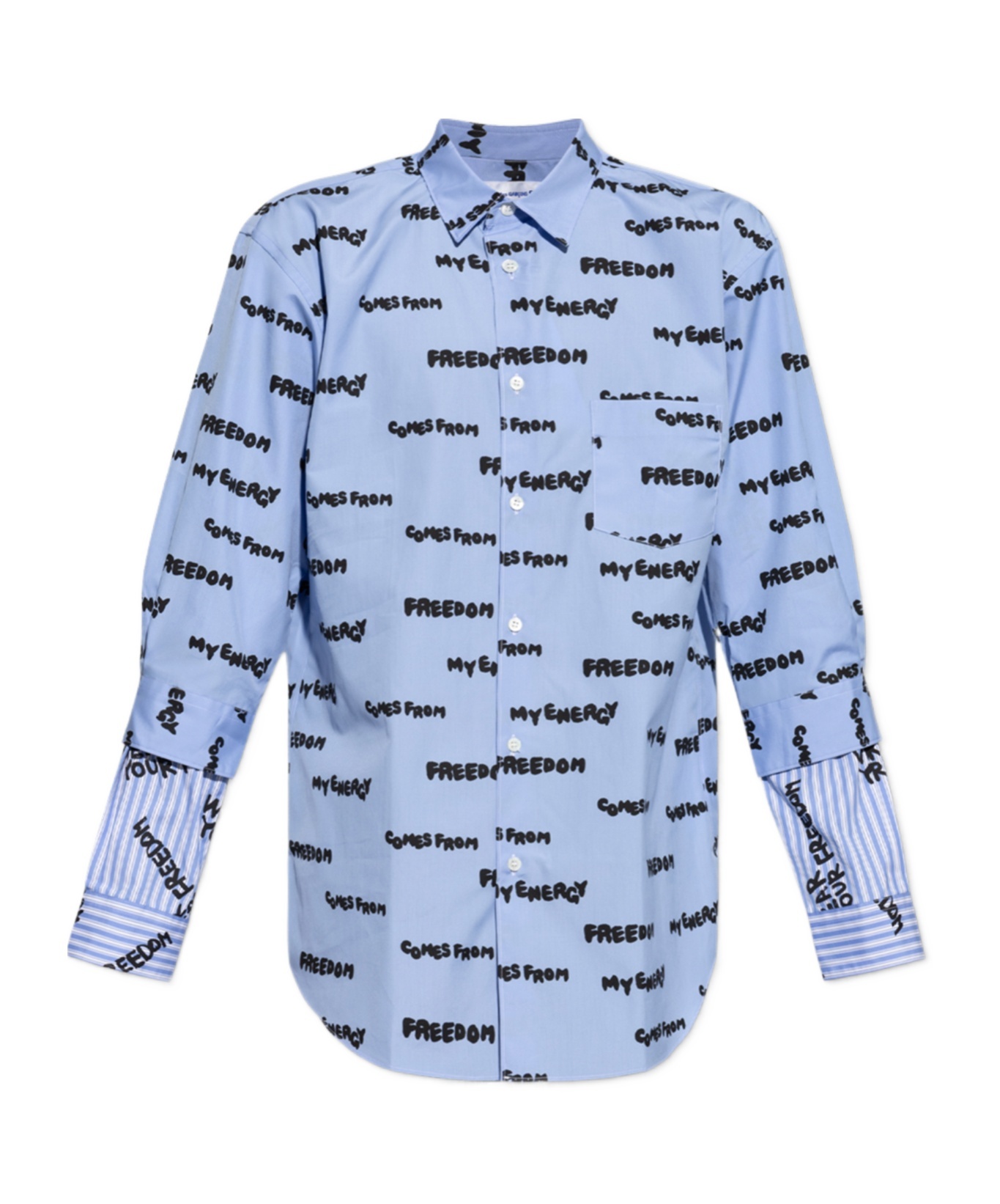Comme Des Garçons Cotton Shirt With All Over Slogan Print In Blue