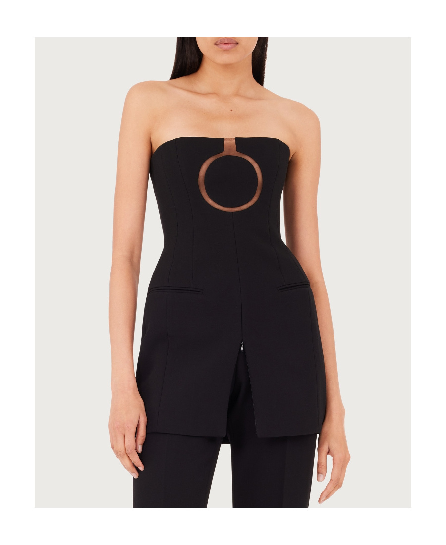 Ferragamo Pure Wool Mini Dress With Tulle Insert In Black