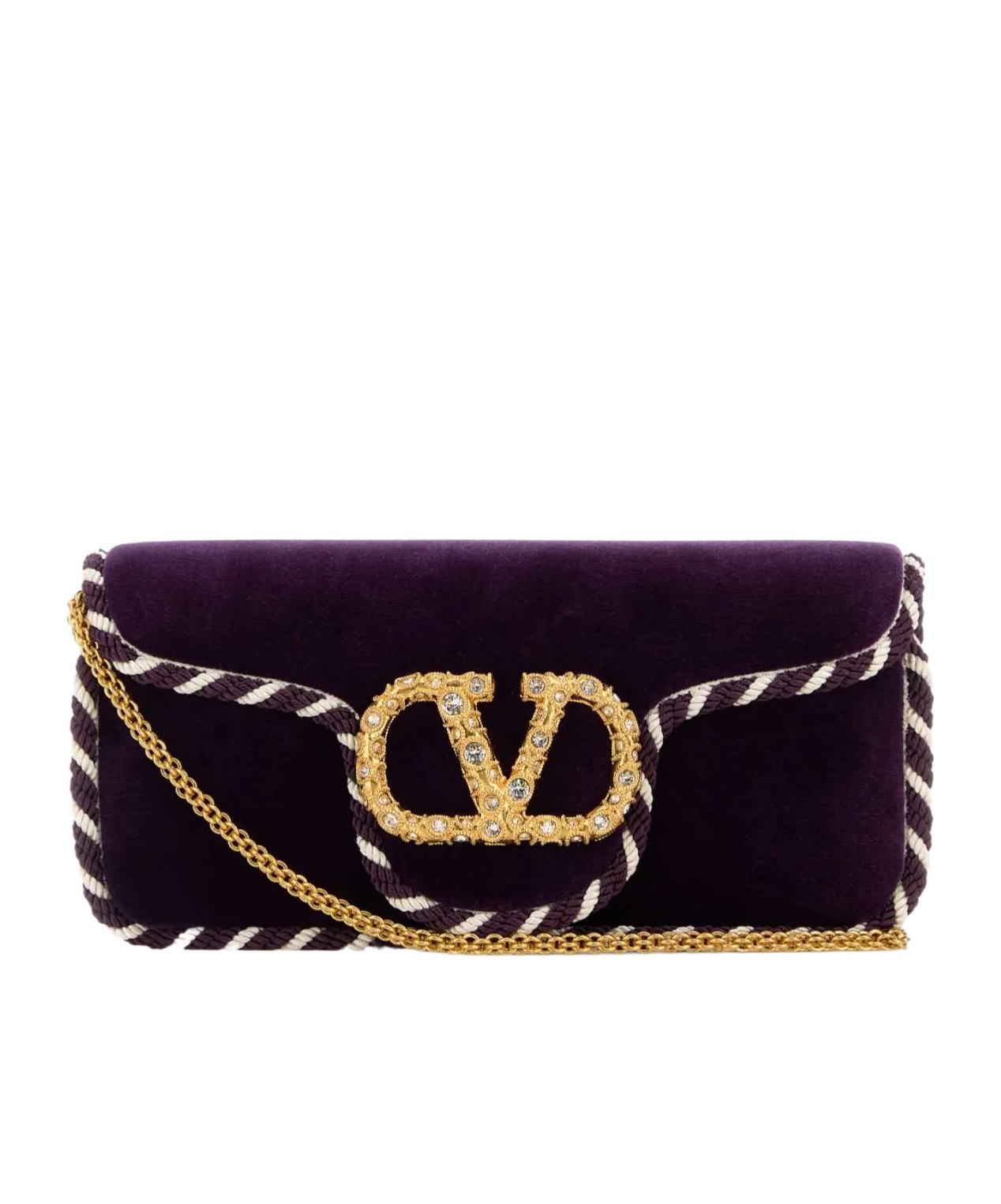 Valentino Velvet Clutch With Chain Strap And Trim In Purple