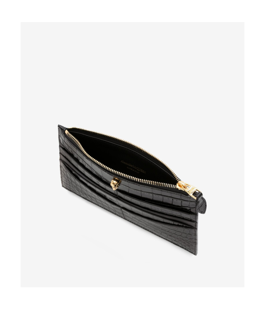 Alexander Mcqueen Flat Zip Crocodile-effect Wallet In Black