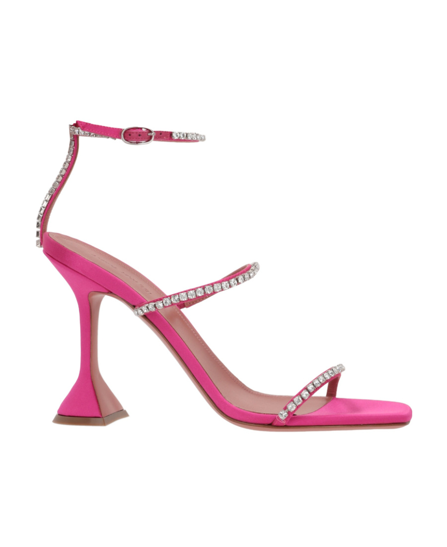Amina Muaddi Sculpted Heel Sandals Crystal Embellishment In Pink
