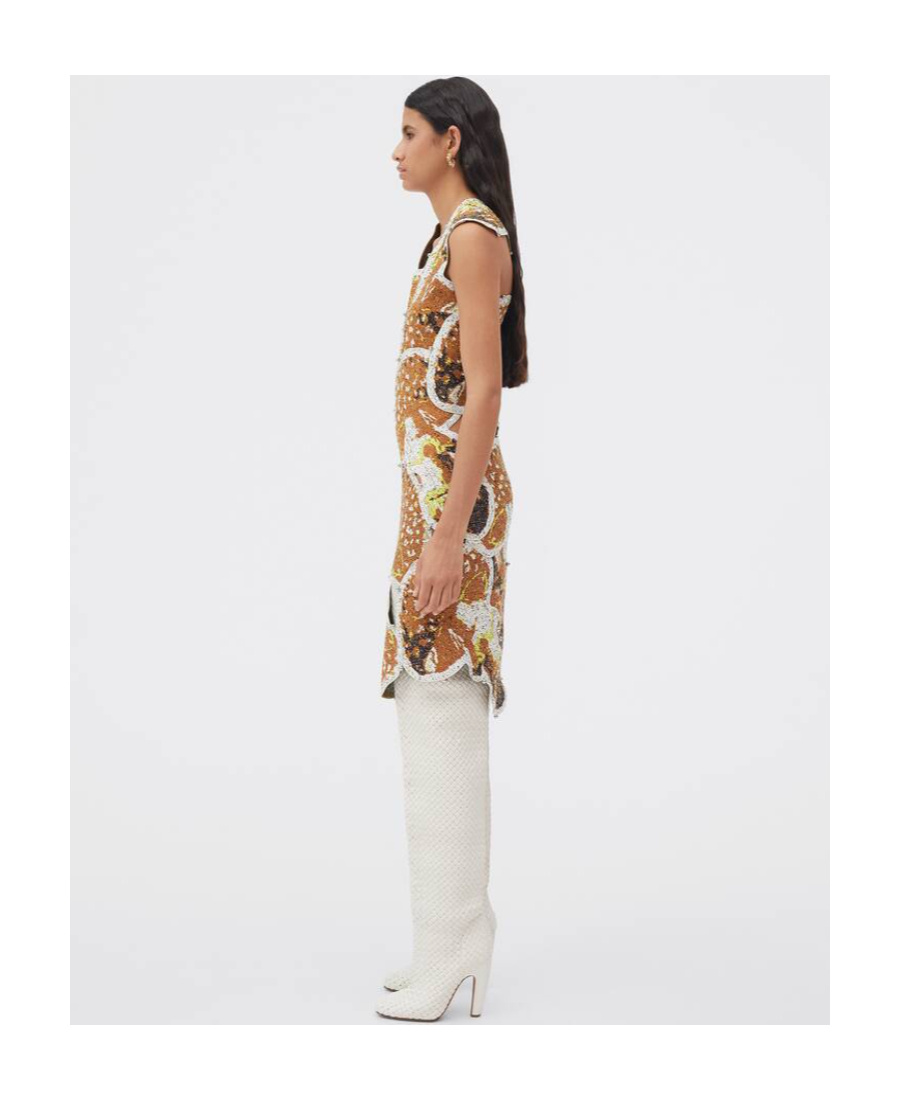 Bottega Veneta Mushroom Patchwork Short-sleeve Dress In Brown