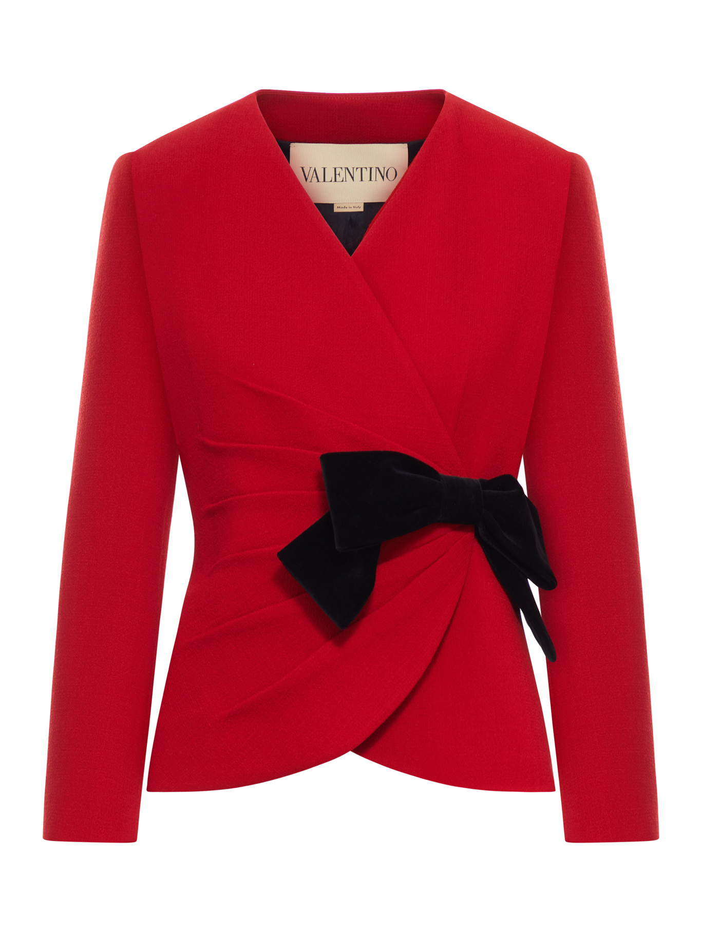 Valentino Bow-detailed Ruched Wool-crepe Wrap Jacket In Red