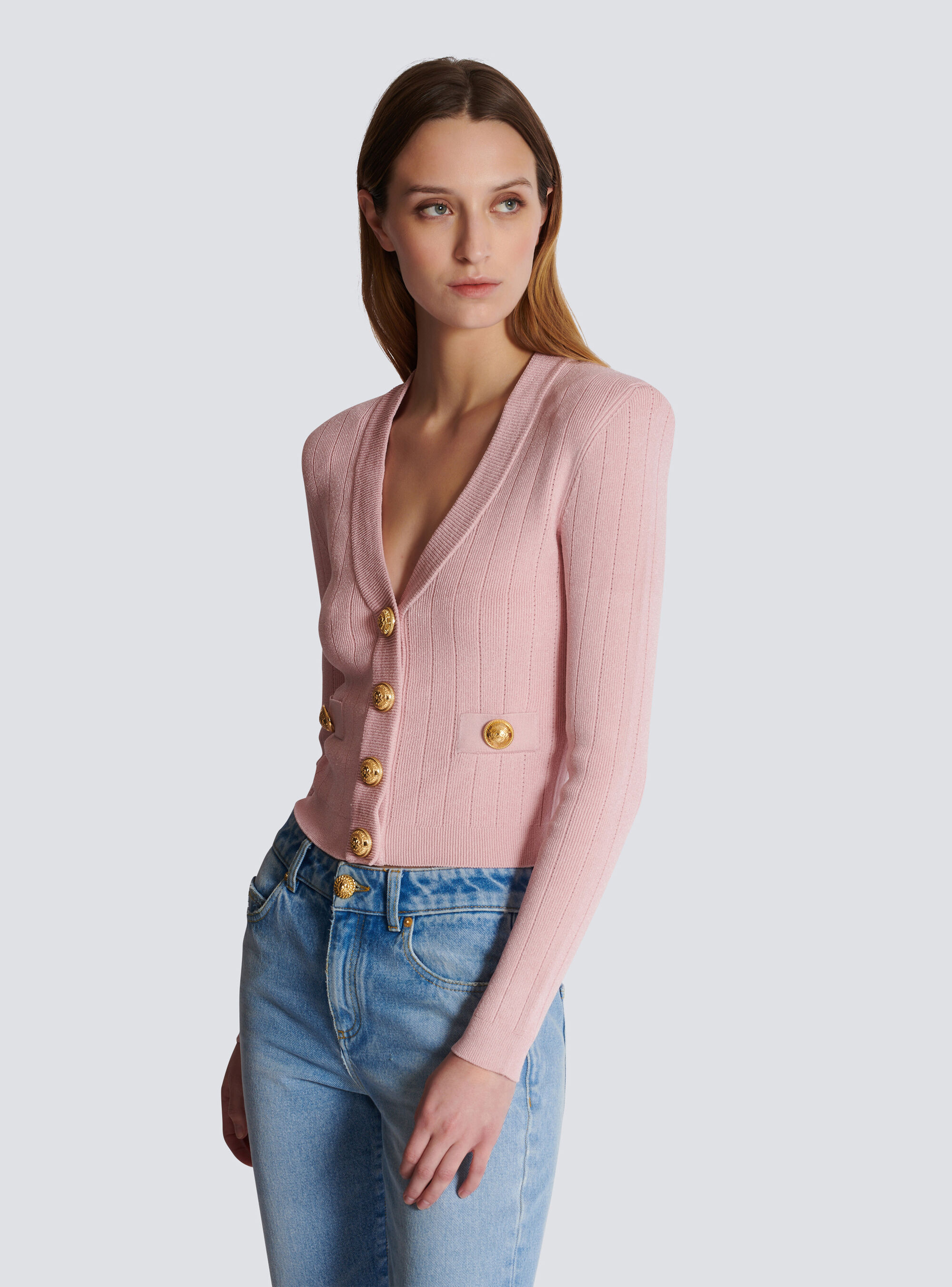 Balmain Button-detail V-neck Cardigan In Pink