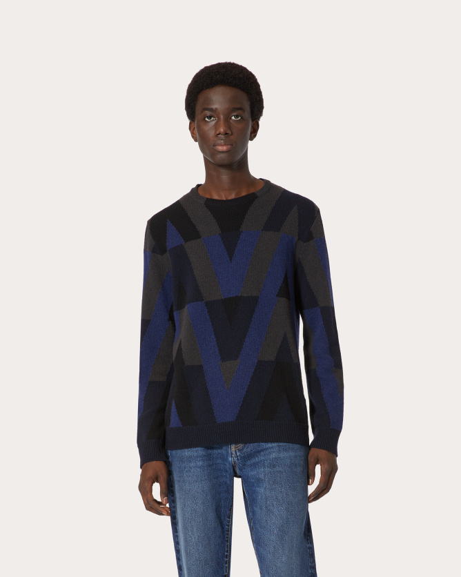 VALENTINO NAVY BLUE / BLACK WOOL ROUND NECK SWEATER 