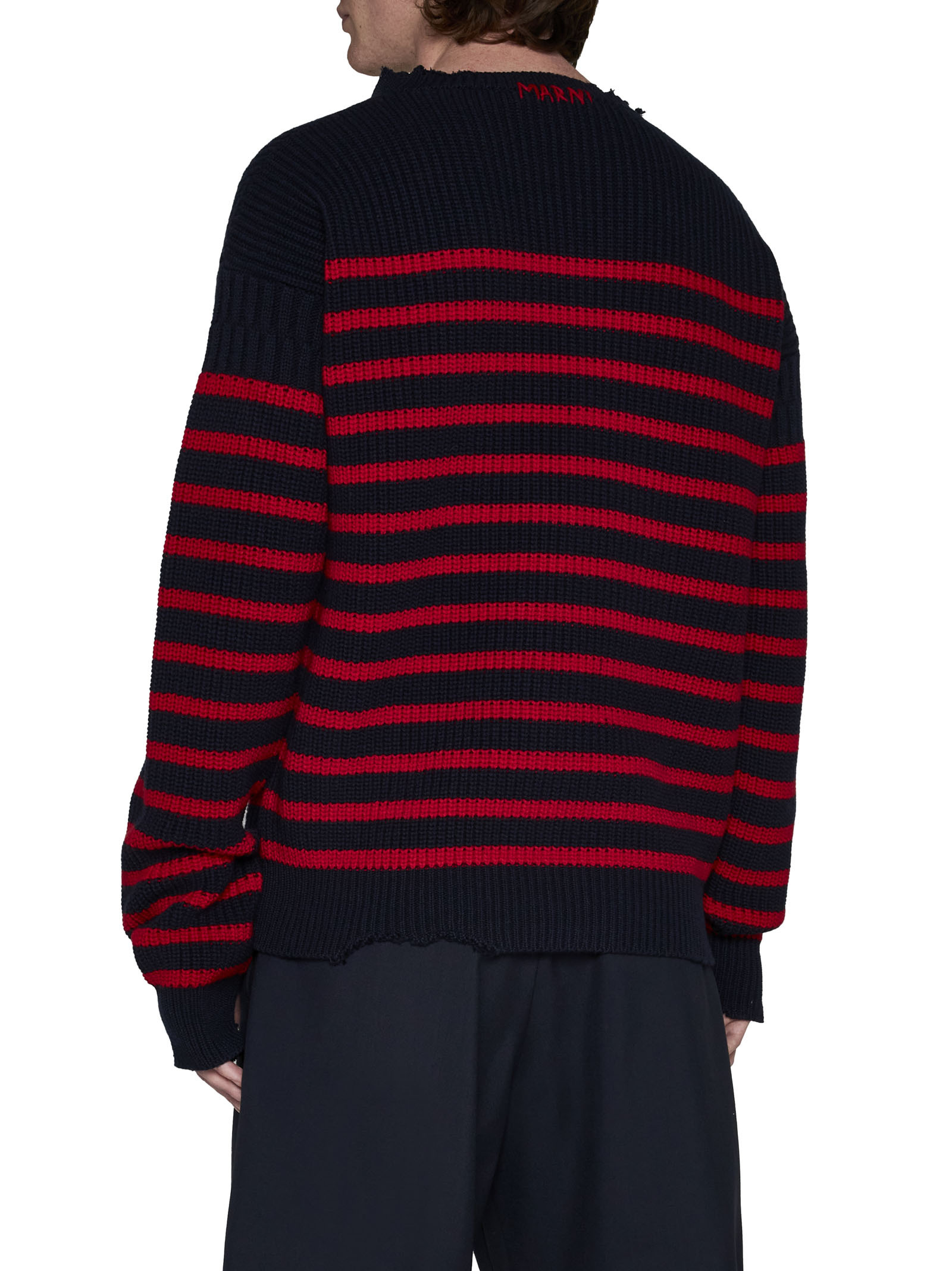 Marni Sailor Striped Distressed Crewneck Sweater In Black