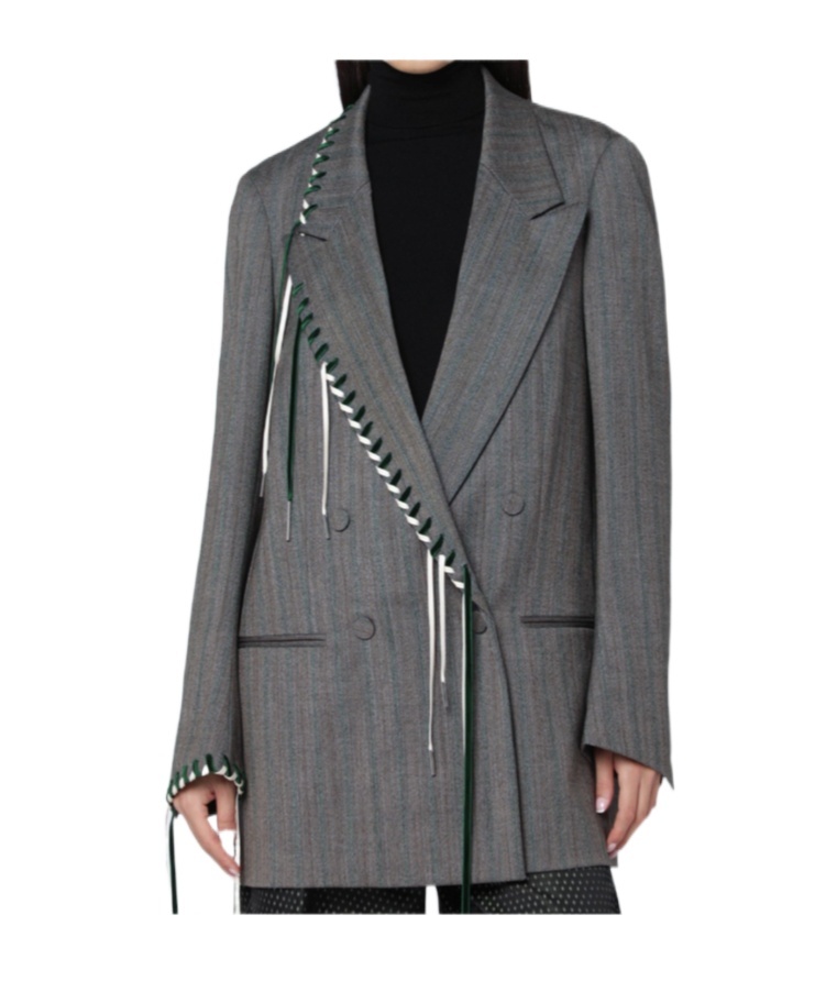 Dries Van Noten Grey Double-breasted Jacket With Embroidered Stitch Decorations Women In Gray