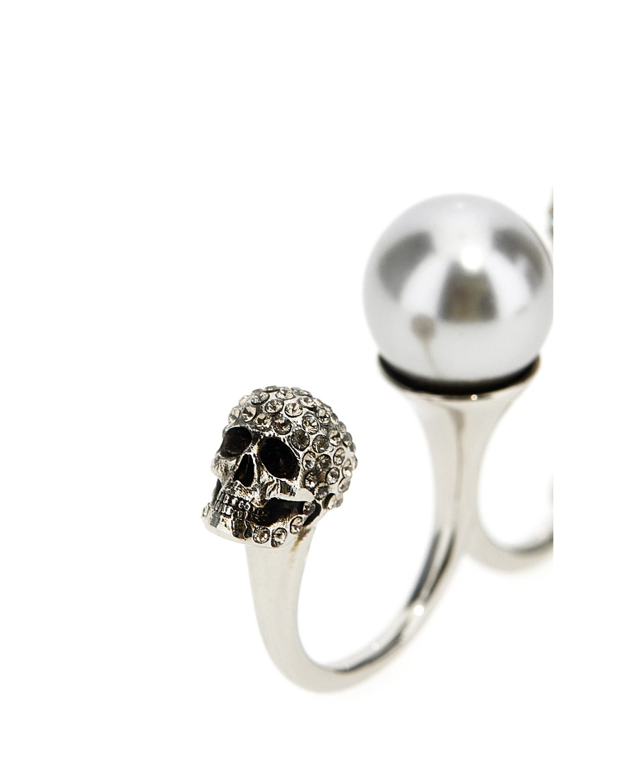 Alexander Mcqueen Maxi Beaded Double Ring With Skull Embellished Rhinestones In White