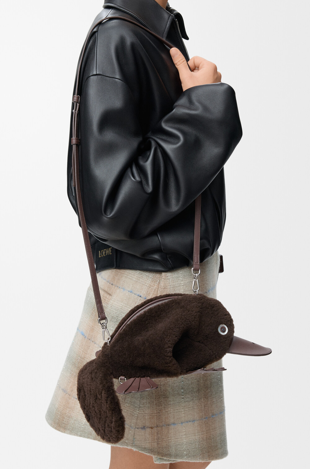 Loewe Platypus Bag In Shearling In Brown