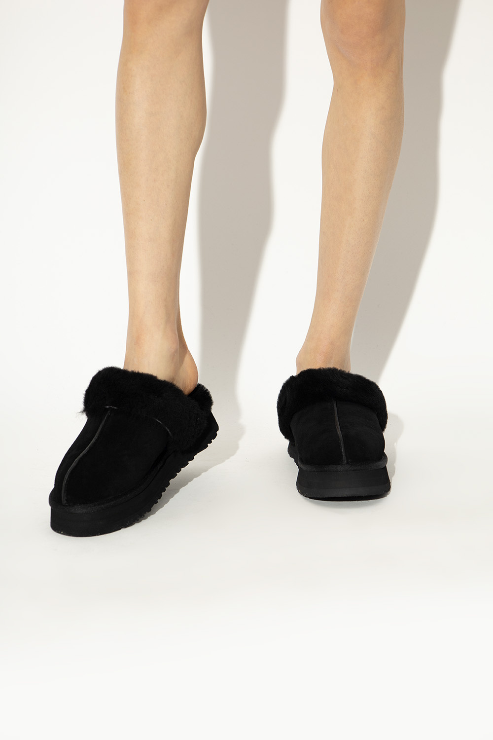 Ugg Disquette Mini Suede Slipper With Sheepskin Collar In Black