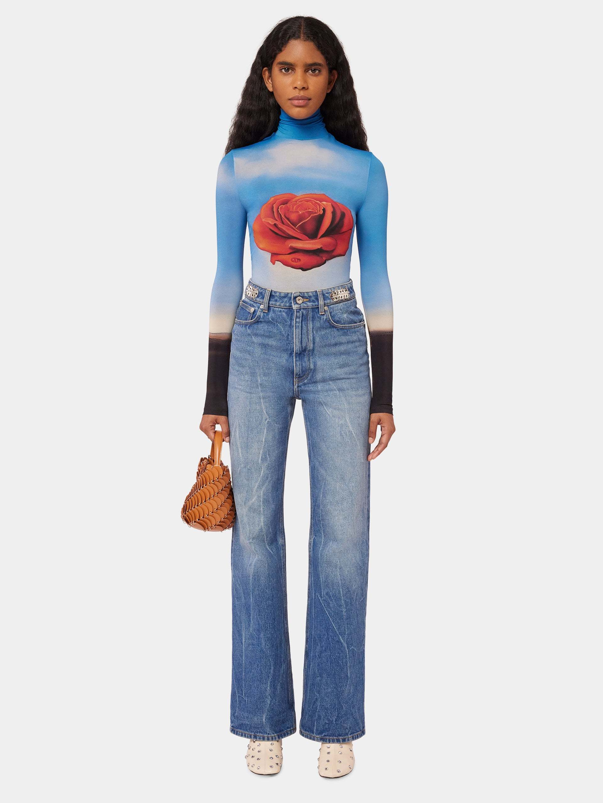 Rabanne Rose Print Long-sleeve Top In Multicolor