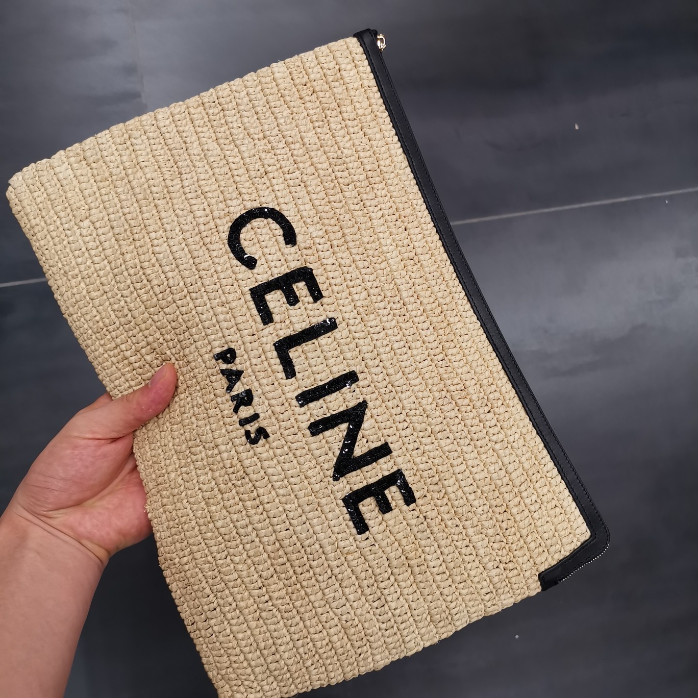 Celine Large Pouch In Raffia And Natural Calfskin