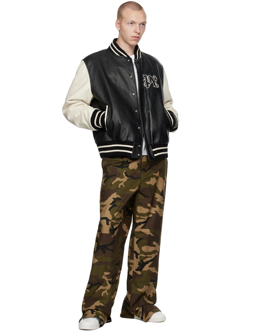 Palm Angels Monogram-print Leather Varsity Jacket In Black