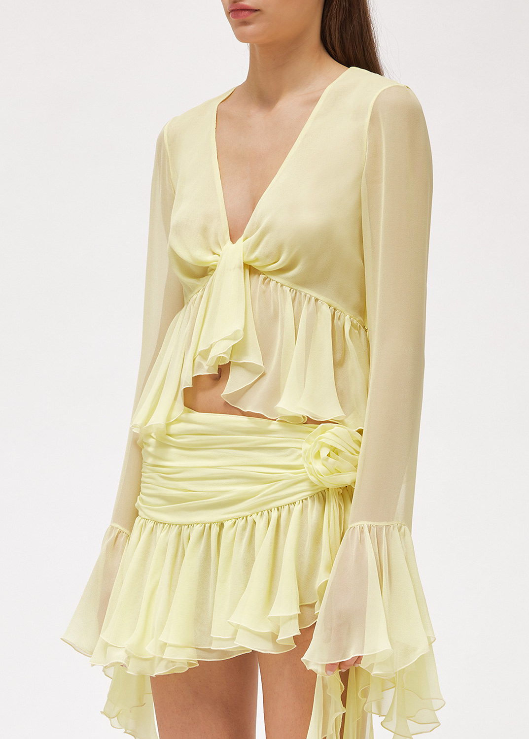 Blumarine Ruffled Long-sleeve Silk Blouse In Yellow