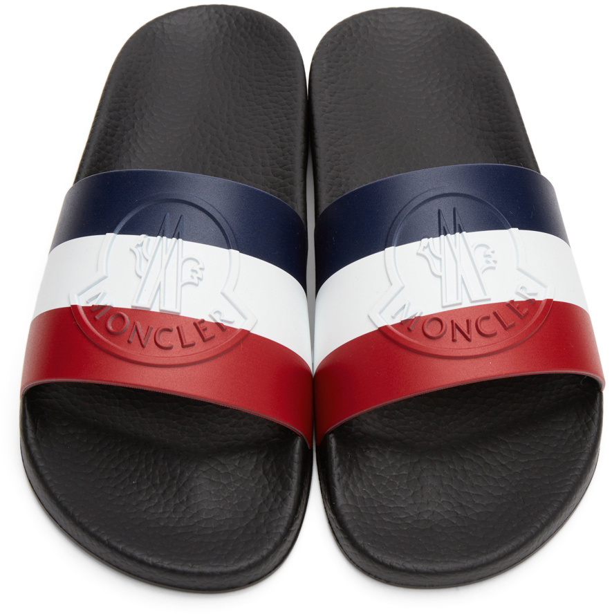 Shop Moncler Signature-stripe Pool Slides In Black