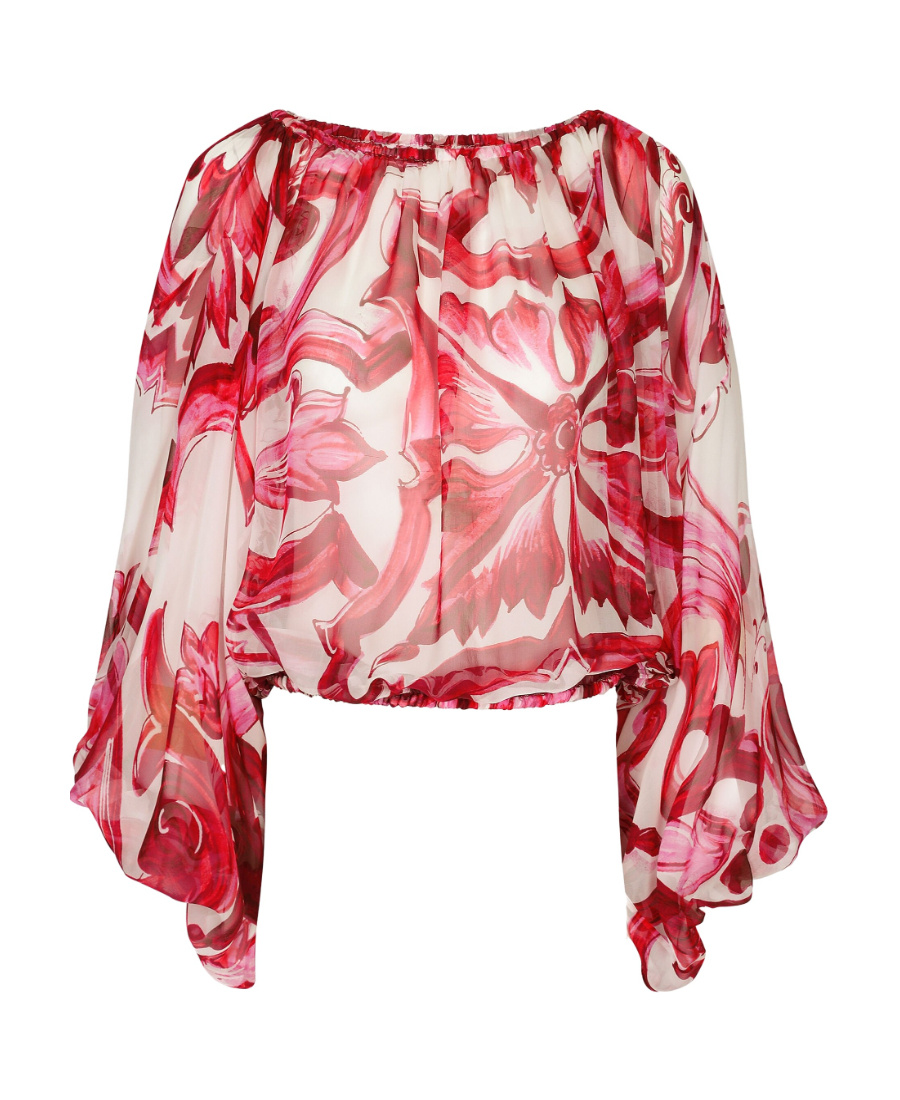 Dolce & Gabbana Chiffon Top In Majolica Print In Pink
