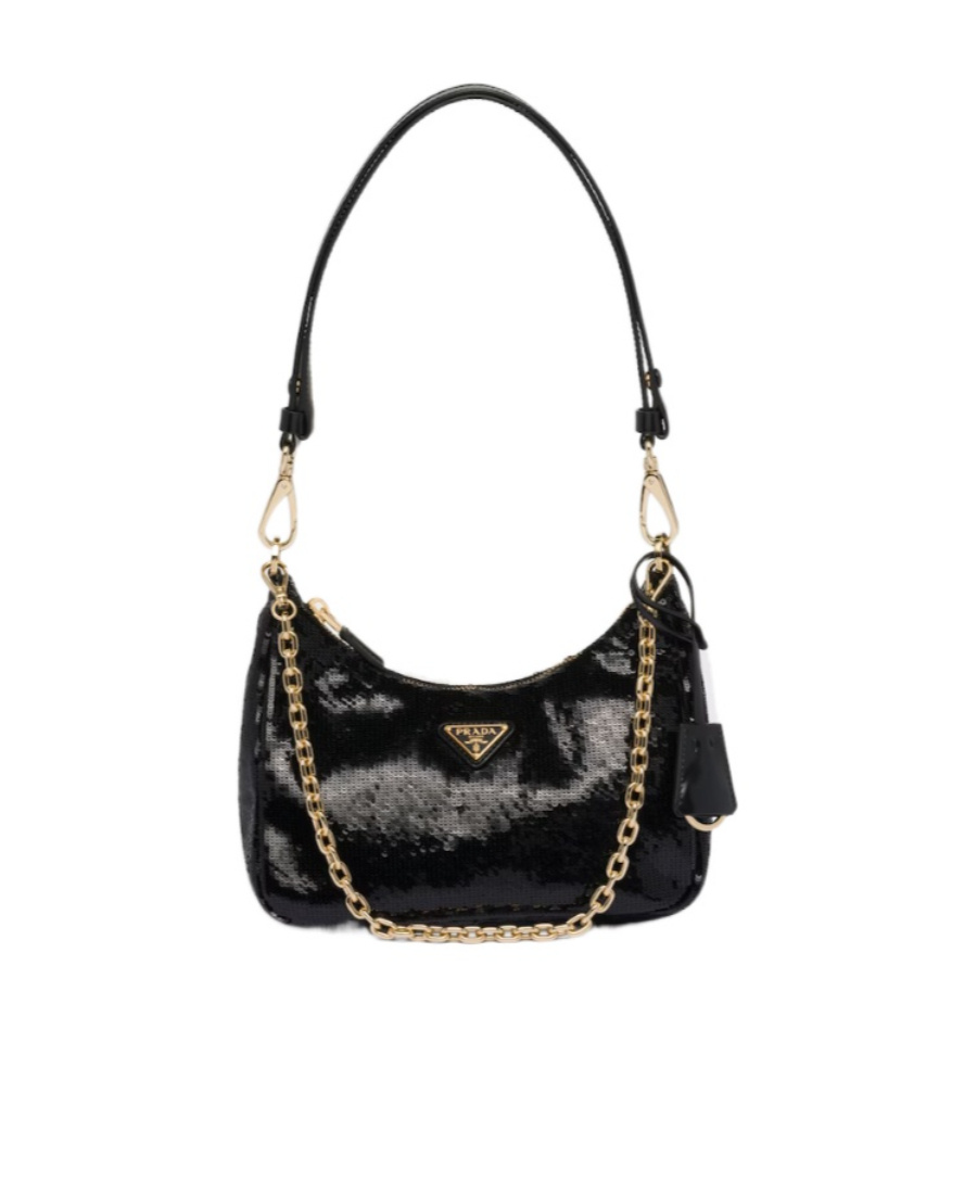 Prada Re-nylon And Sequin Mini-bag In Black